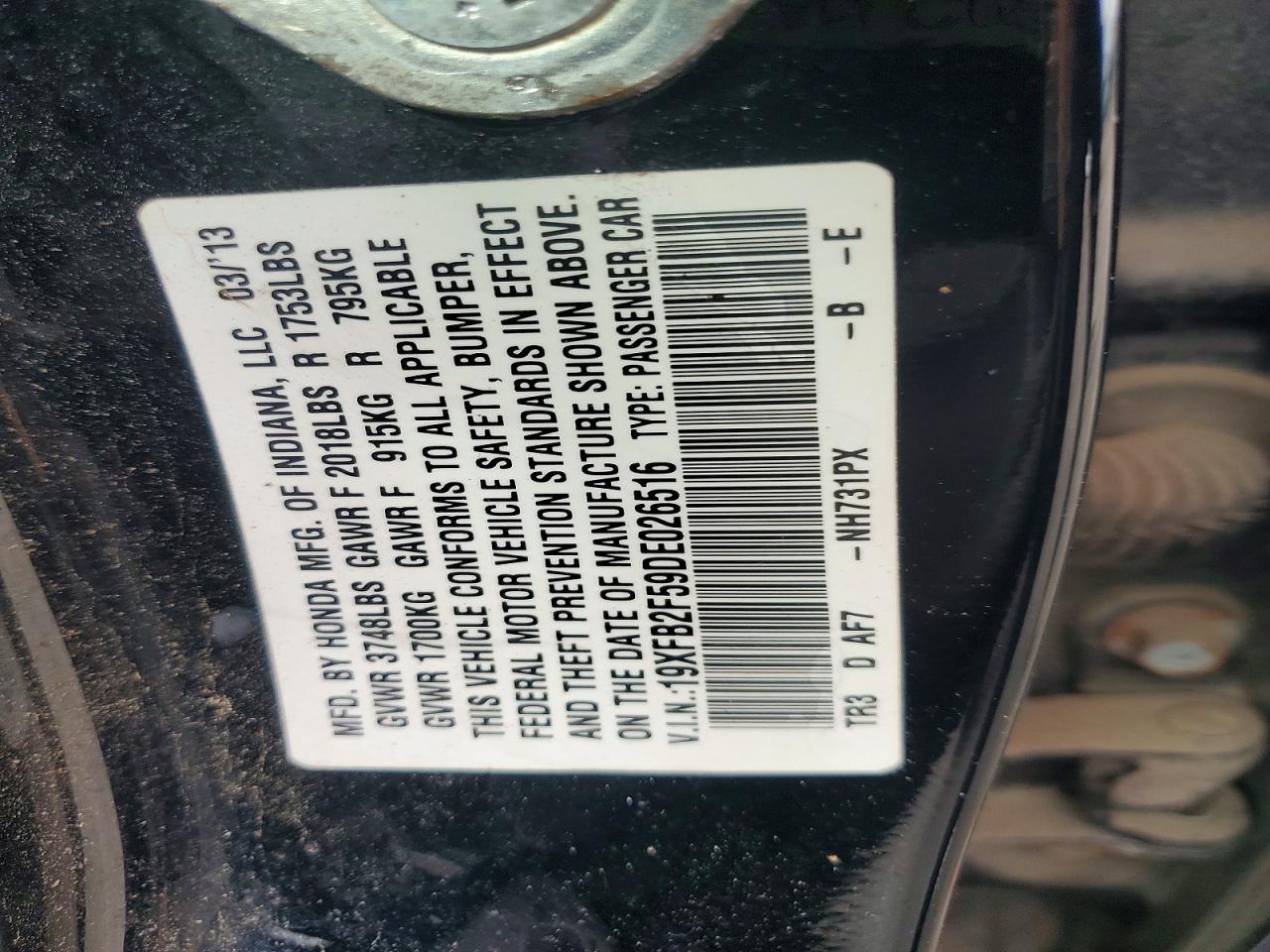 2013 Honda Civic Lx Black vin: 19XFB2F59DE026516