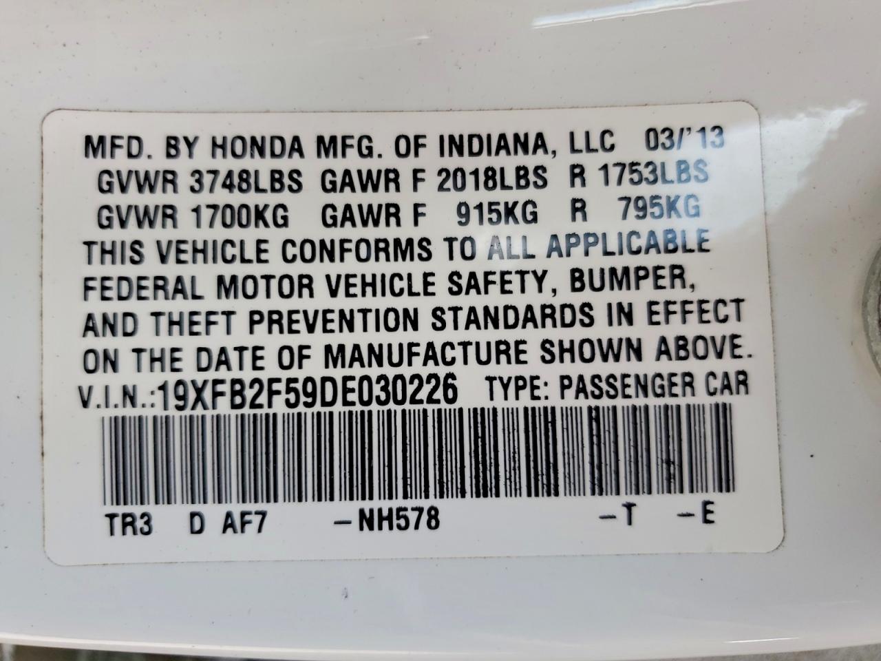 2013 Honda Civic Lx White vin: 19XFB2F59DE030226