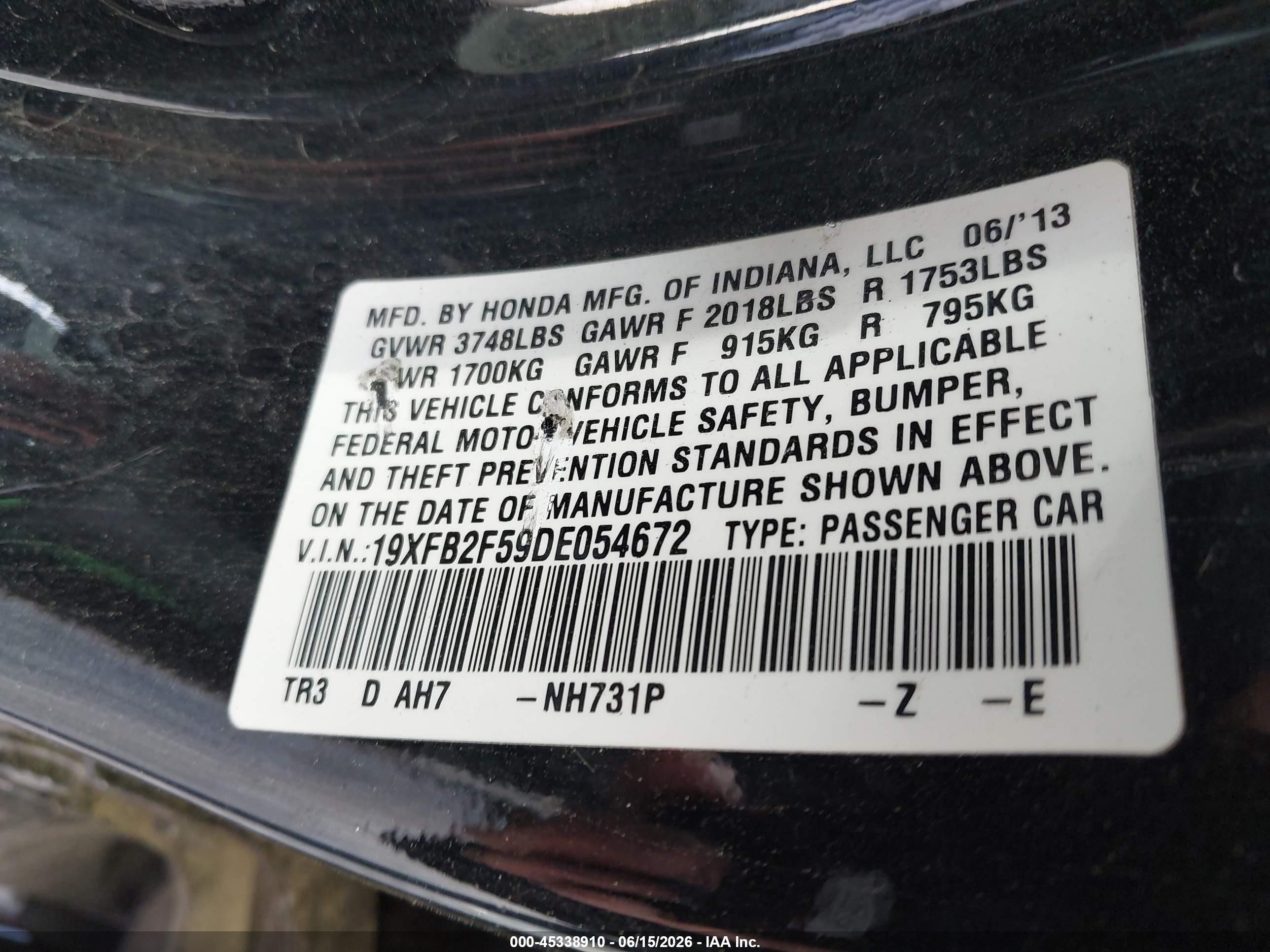 2013 Honda Civic Lx Black vin: 19XFB2F59DE054672