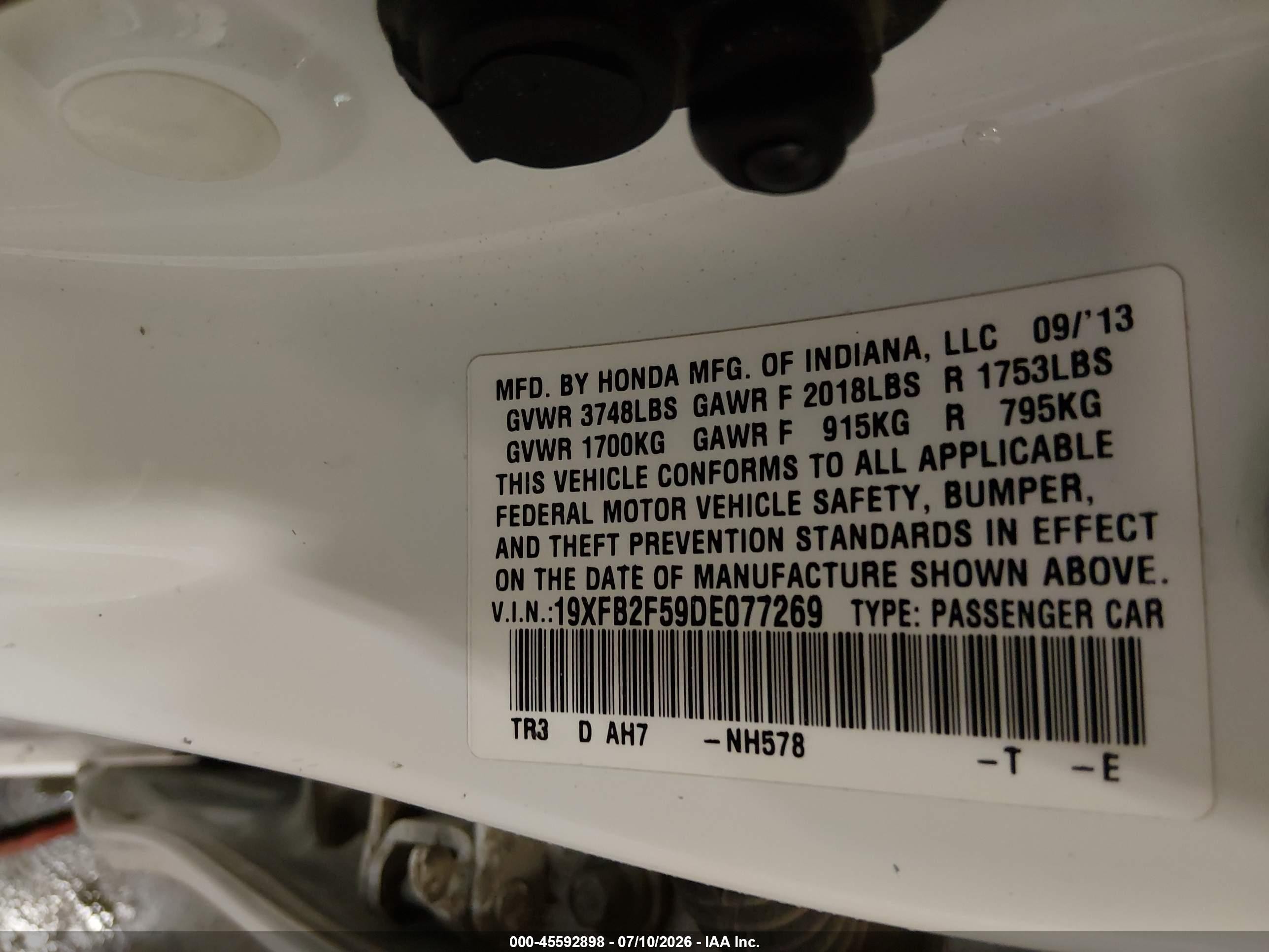 2013 Honda Civic Lx White vin: 19XFB2F59DE077269