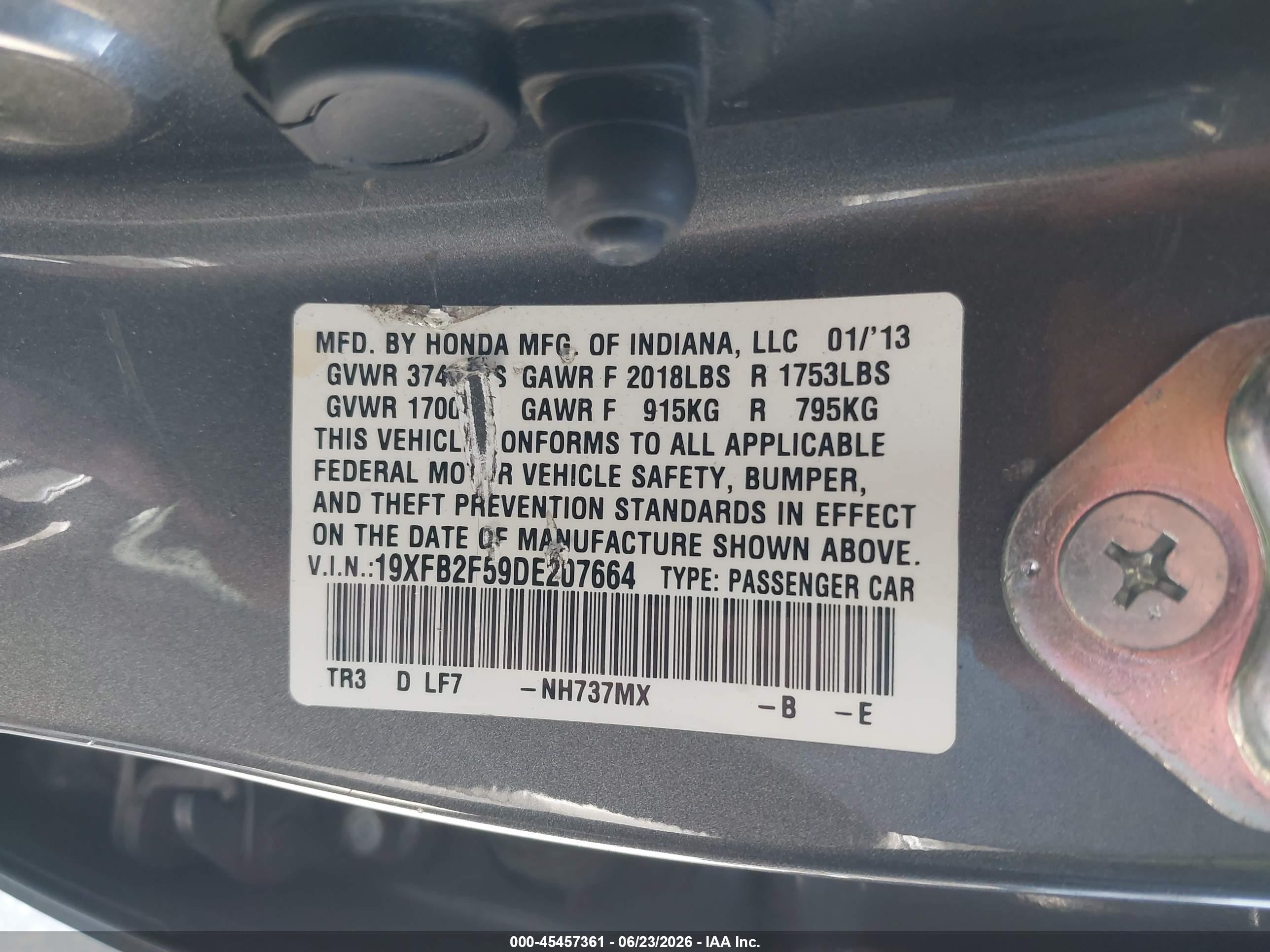 2013 Honda Civic Lx Серый vin: 19XFB2F59DE207664
