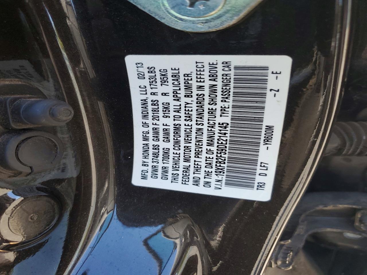 2013 Honda Civic Lx Черный vin: 19XFB2F59DE214145