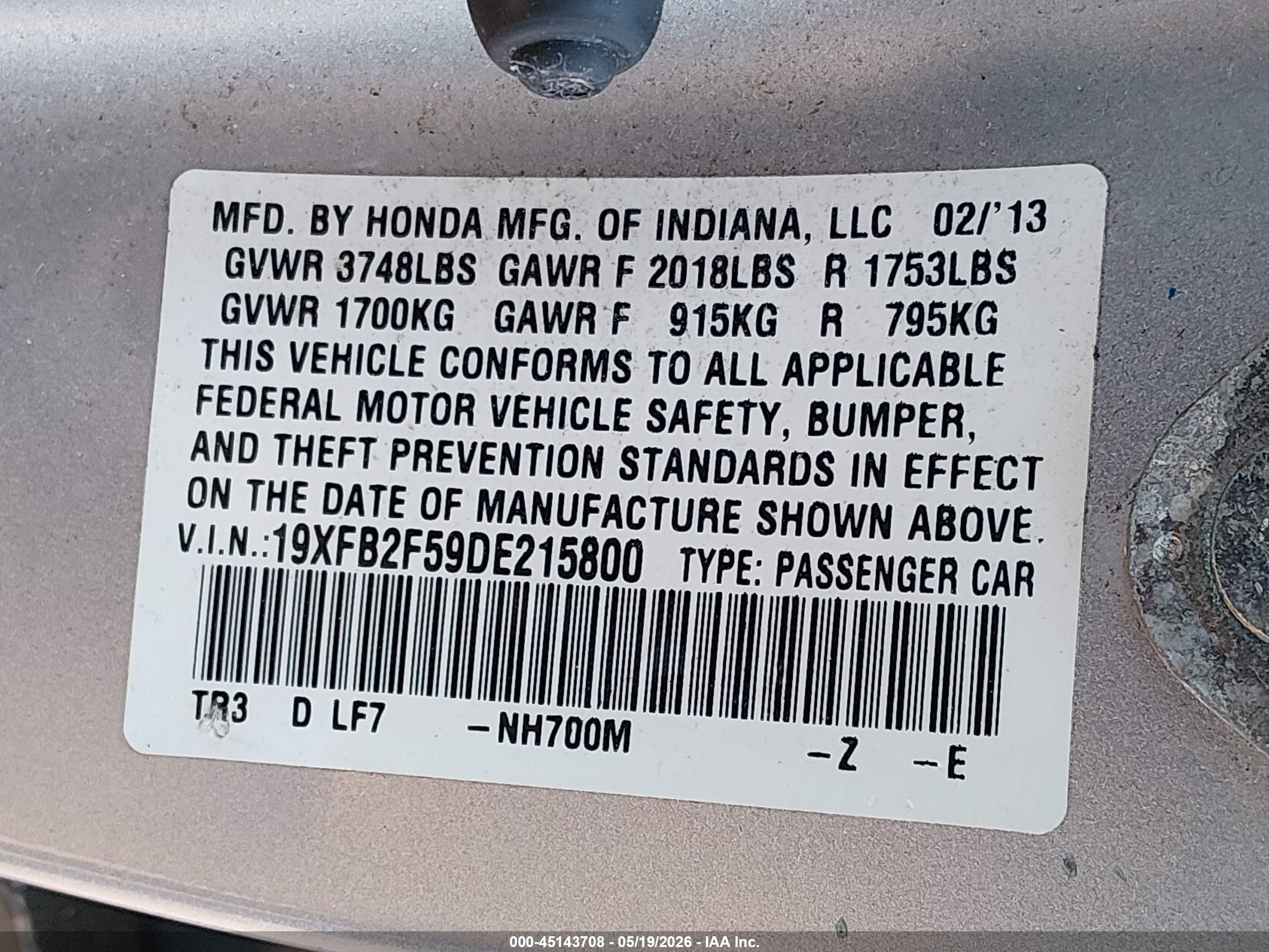 2013 Honda Civic Lx Silver vin: 19XFB2F59DE215800