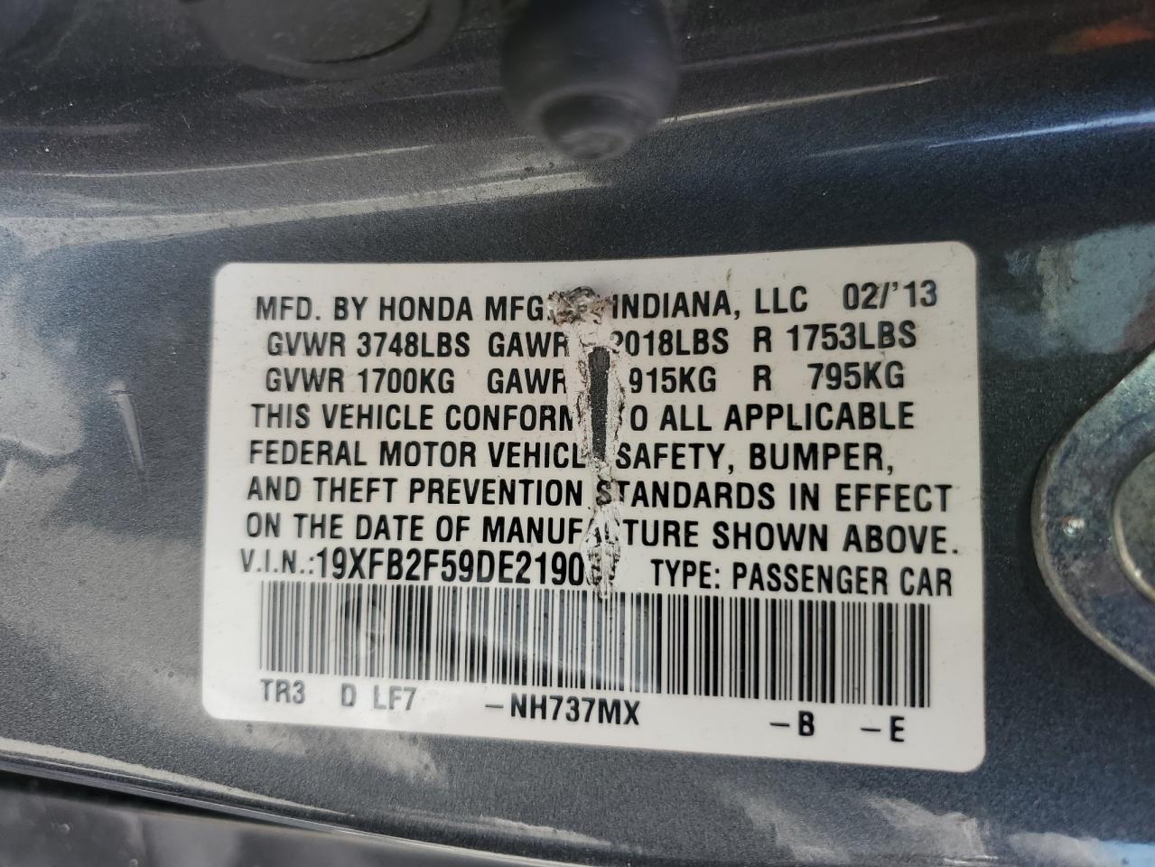 2013 Honda Civic Lx Gray vin: 19XFB2F59DE219037