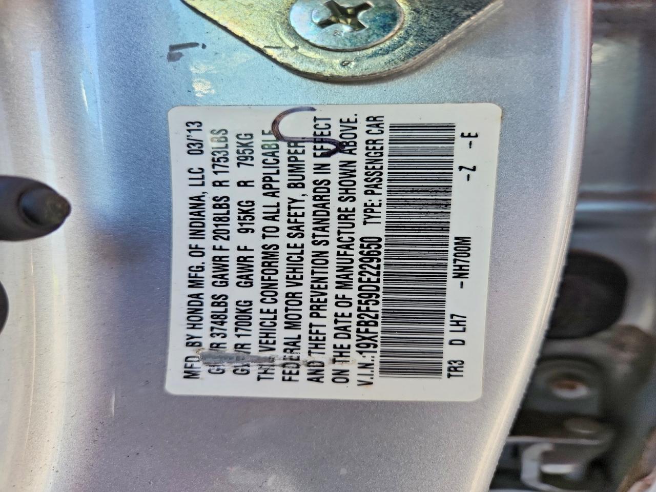 2013 Honda Civic Lx Silver vin: 19XFB2F59DE229650