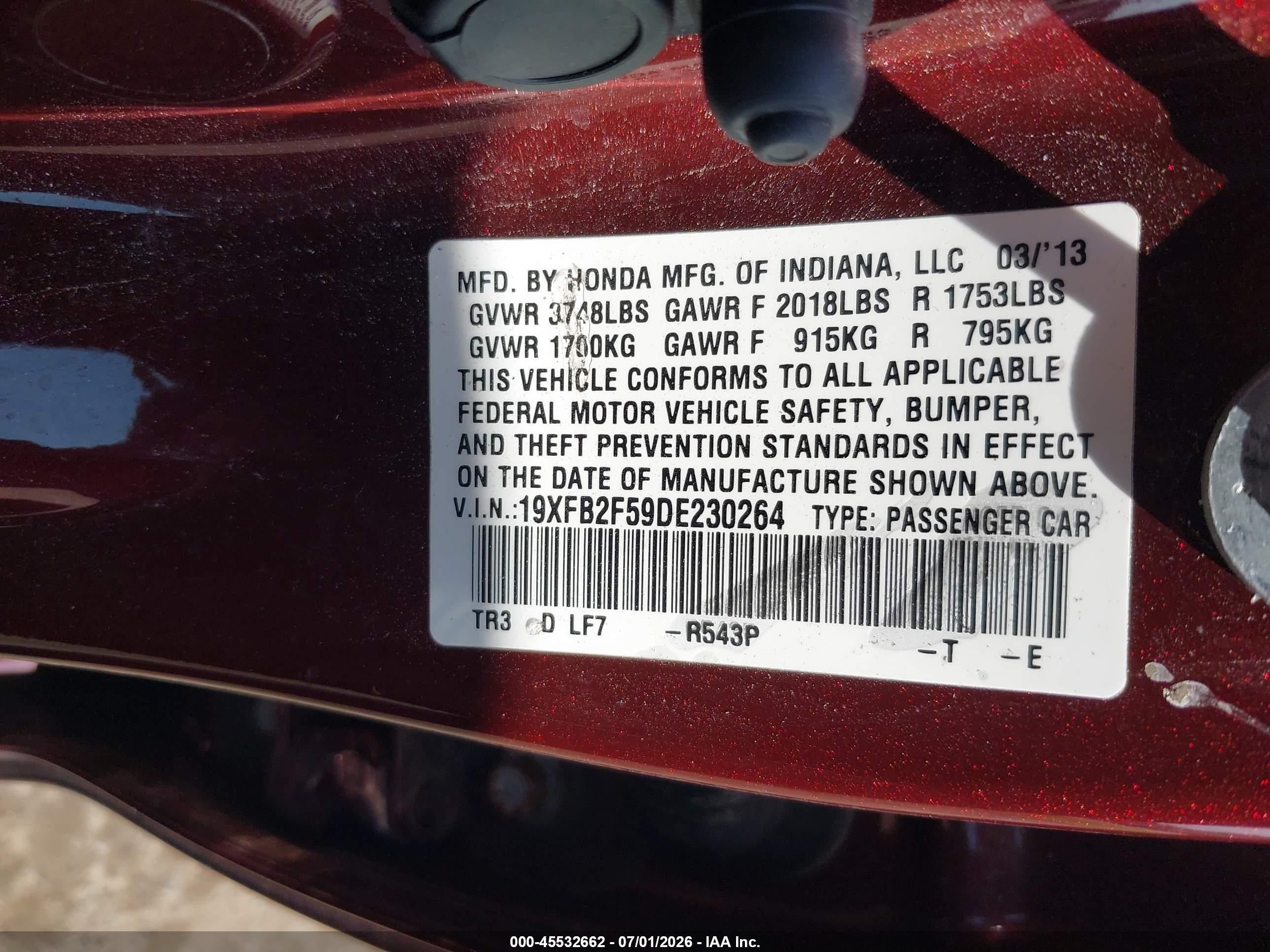 2013 Honda Civic Lx Red vin: 19XFB2F59DE230264