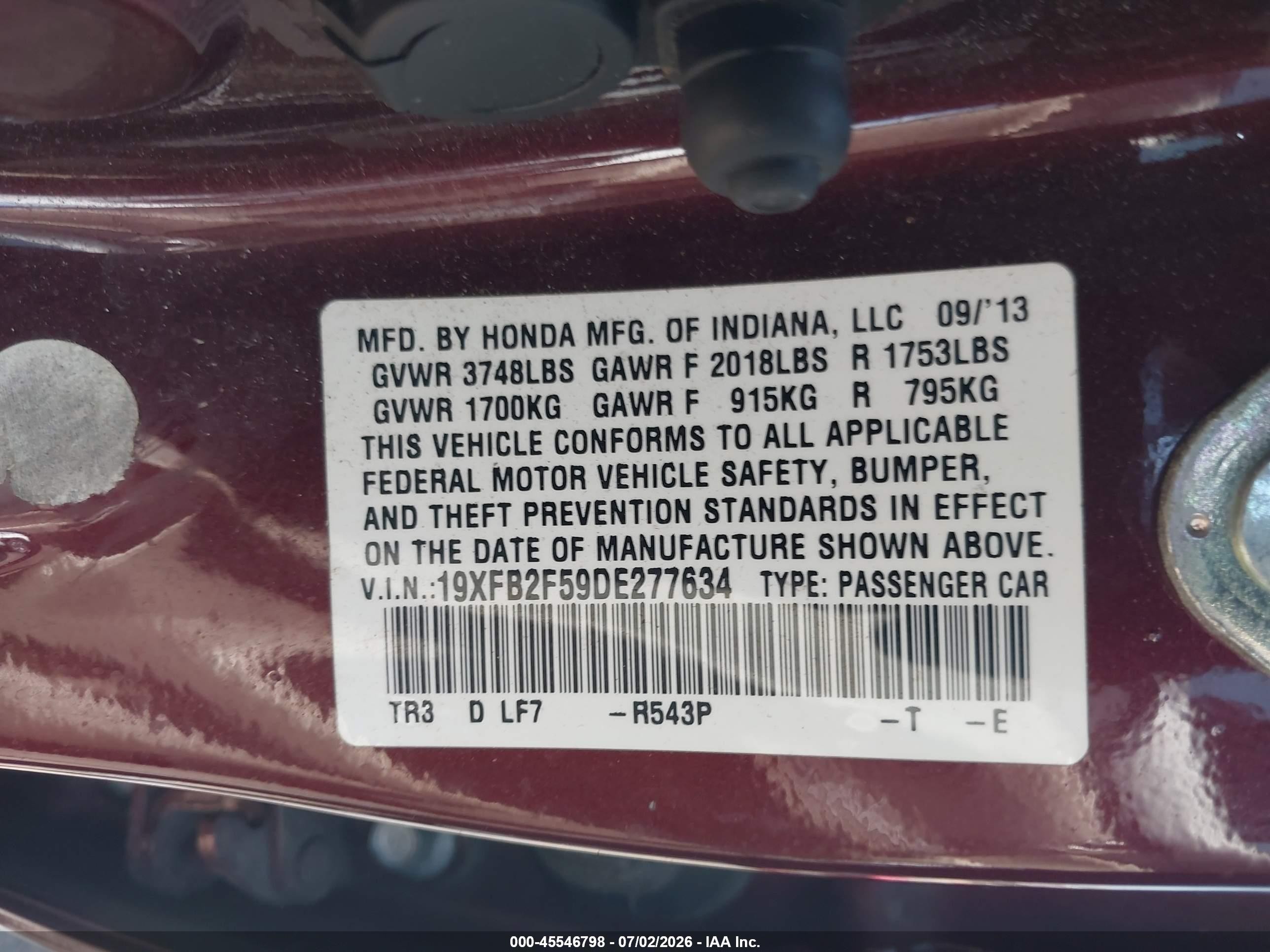 2013 Honda Civic Lx Burgundy vin: 19XFB2F59DE277634