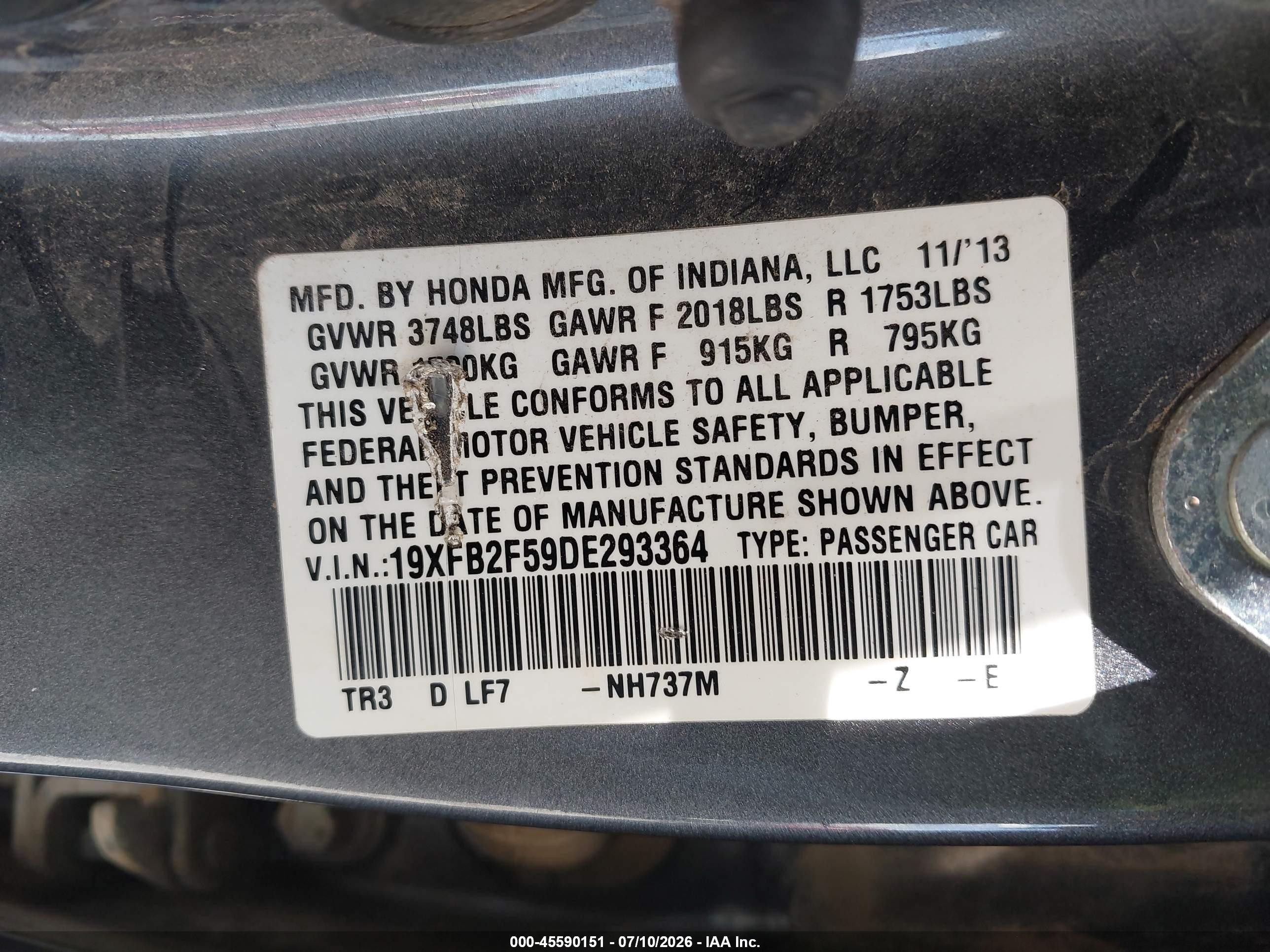 2013 Honda Civic Lx Gray vin: 19XFB2F59DE293364
