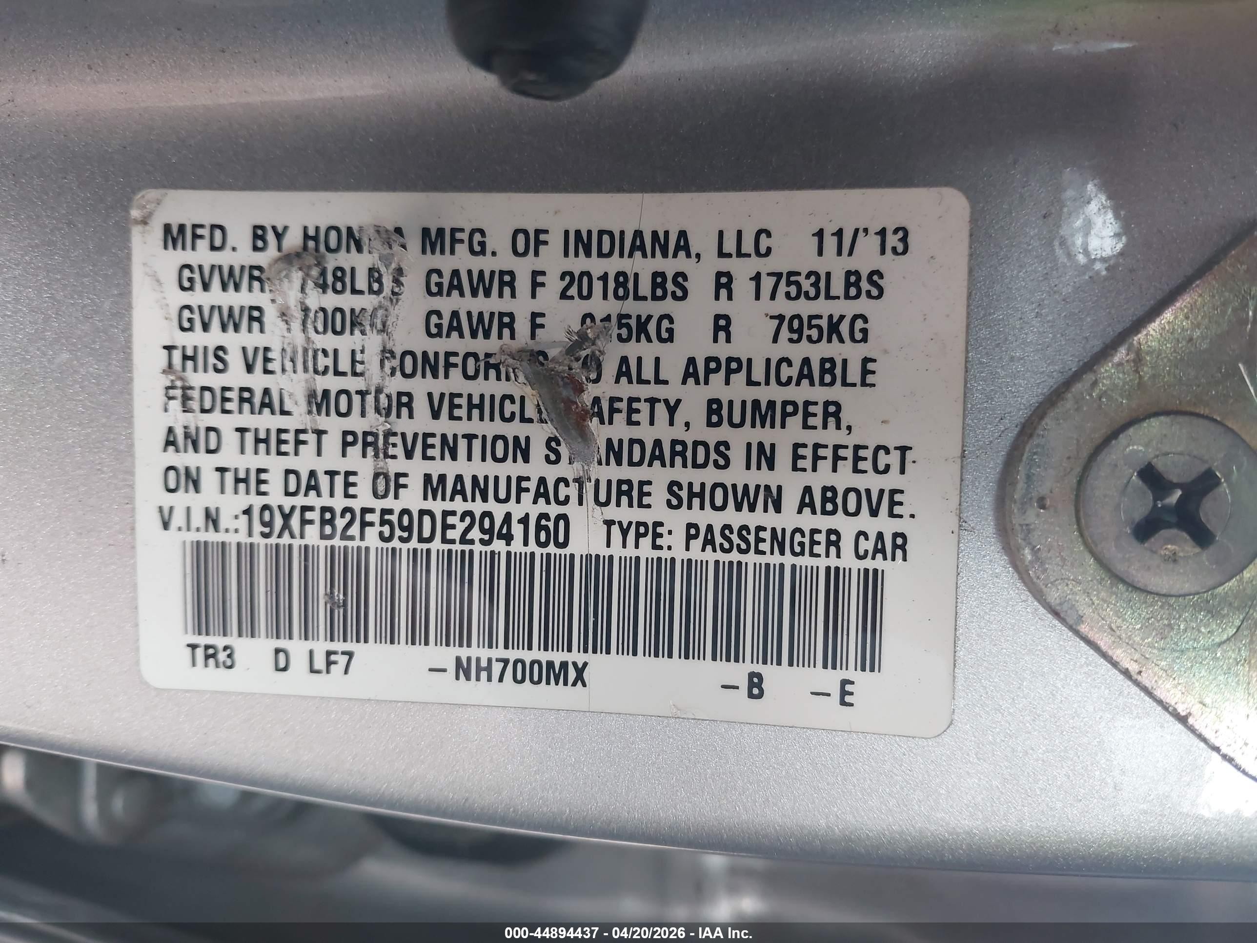 2013 Honda Civic Lx Silver vin: 19XFB2F59DE294160