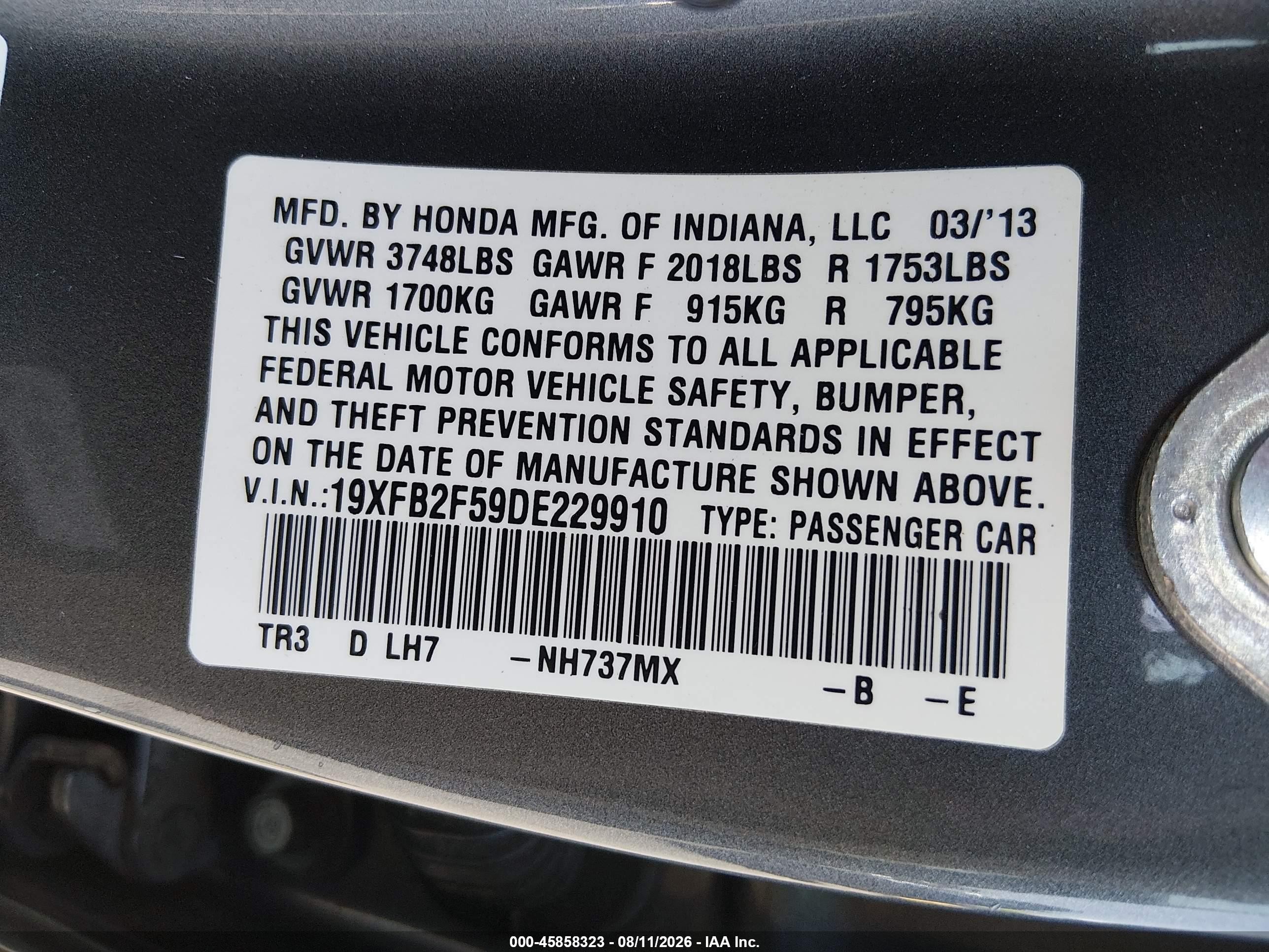 2013 Honda Civic Lx Gray vin: 19XFB2F59DS229910