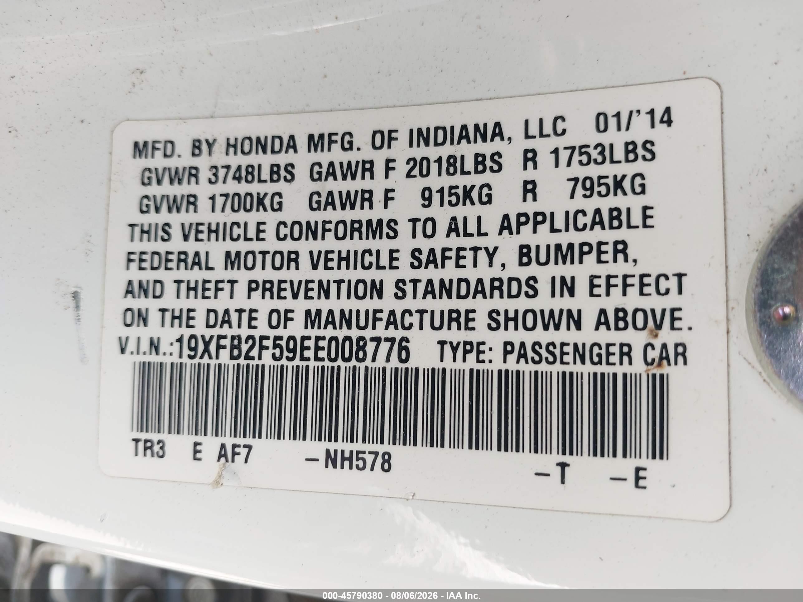 2014 Honda Civic Lx White vin: 19XFB2F59EE008776