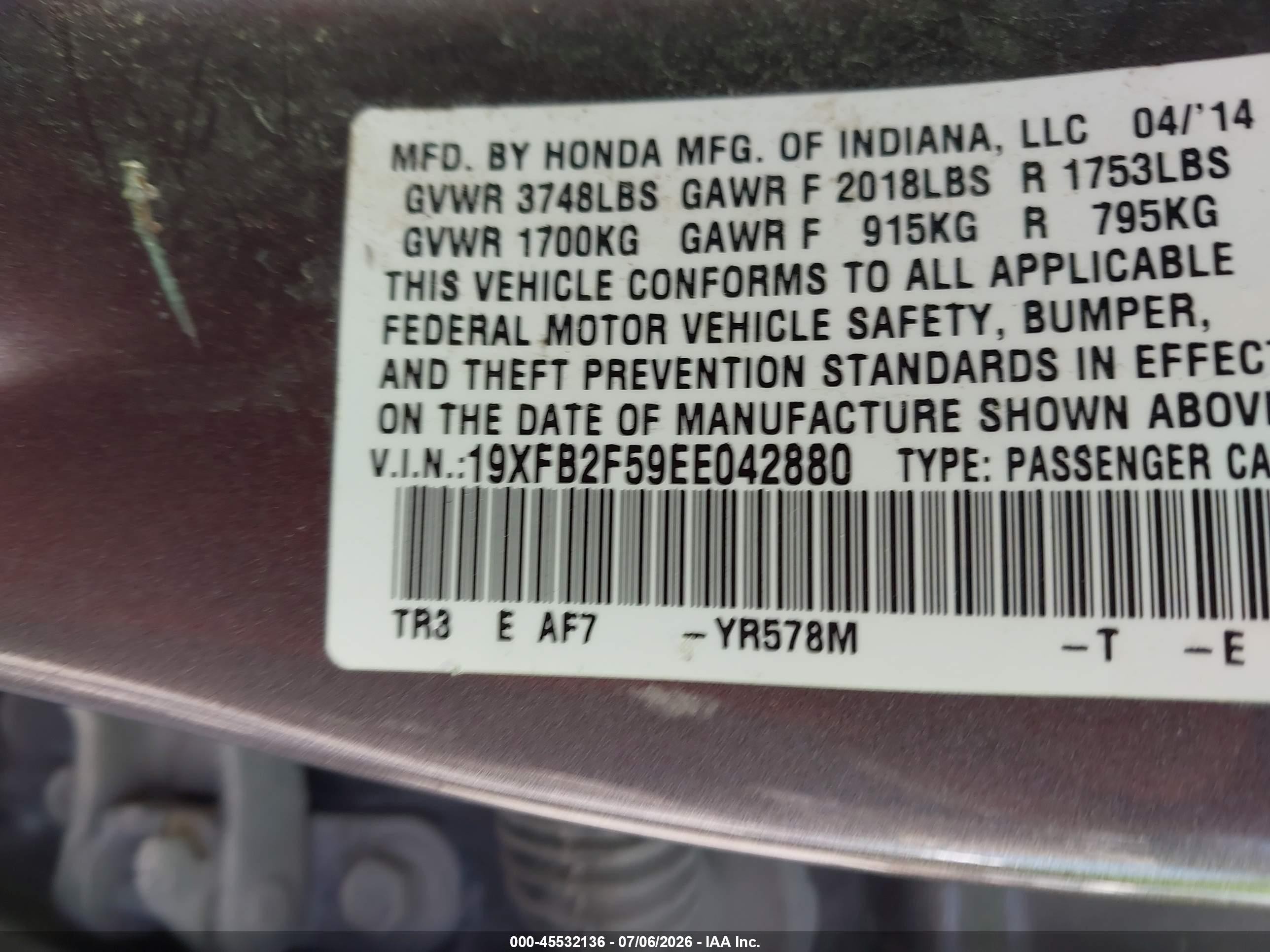 2014 Honda Civic Lx Gray vin: 19XFB2F59EE042880