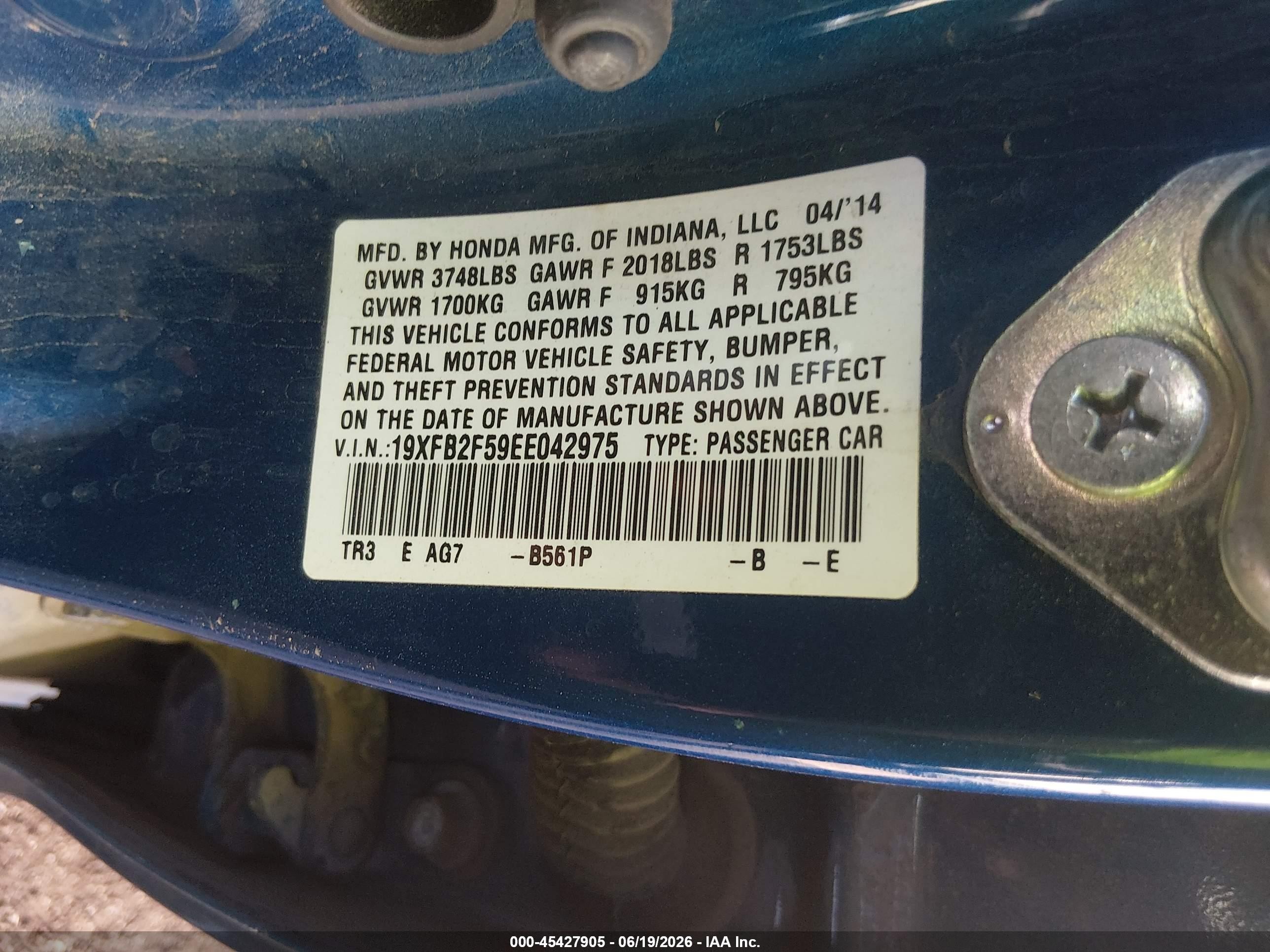 2014 Honda Civic Lx Blue vin: 19XFB2F59EE042975