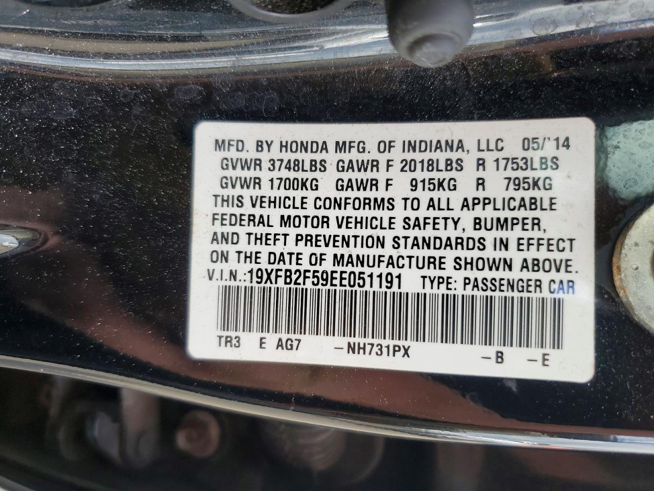 2014 Honda Civic Lx Black vin: 19XFB2F59EE051191