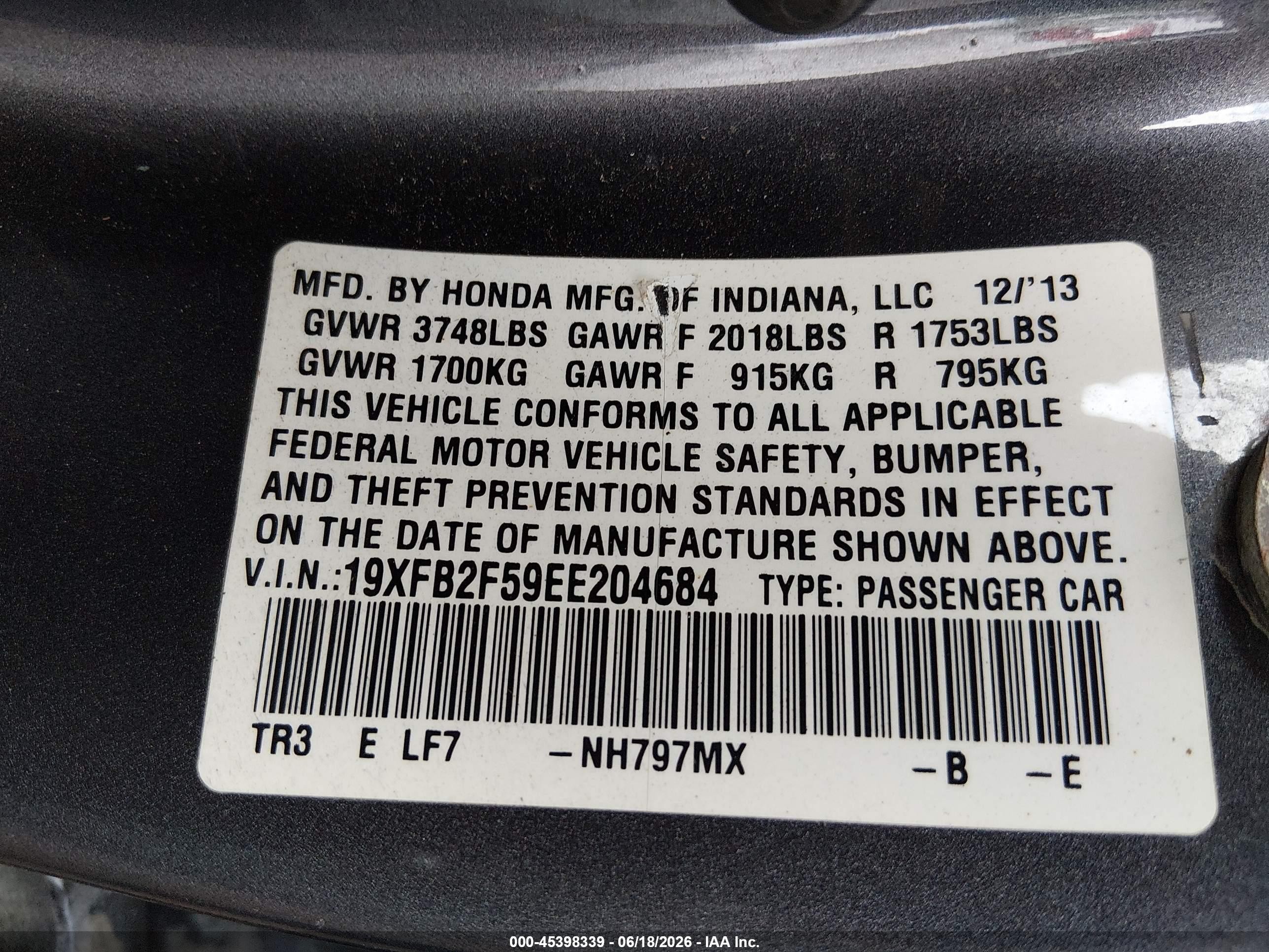 2014 Honda Civic Lx Gray vin: 19XFB2F59EE204684