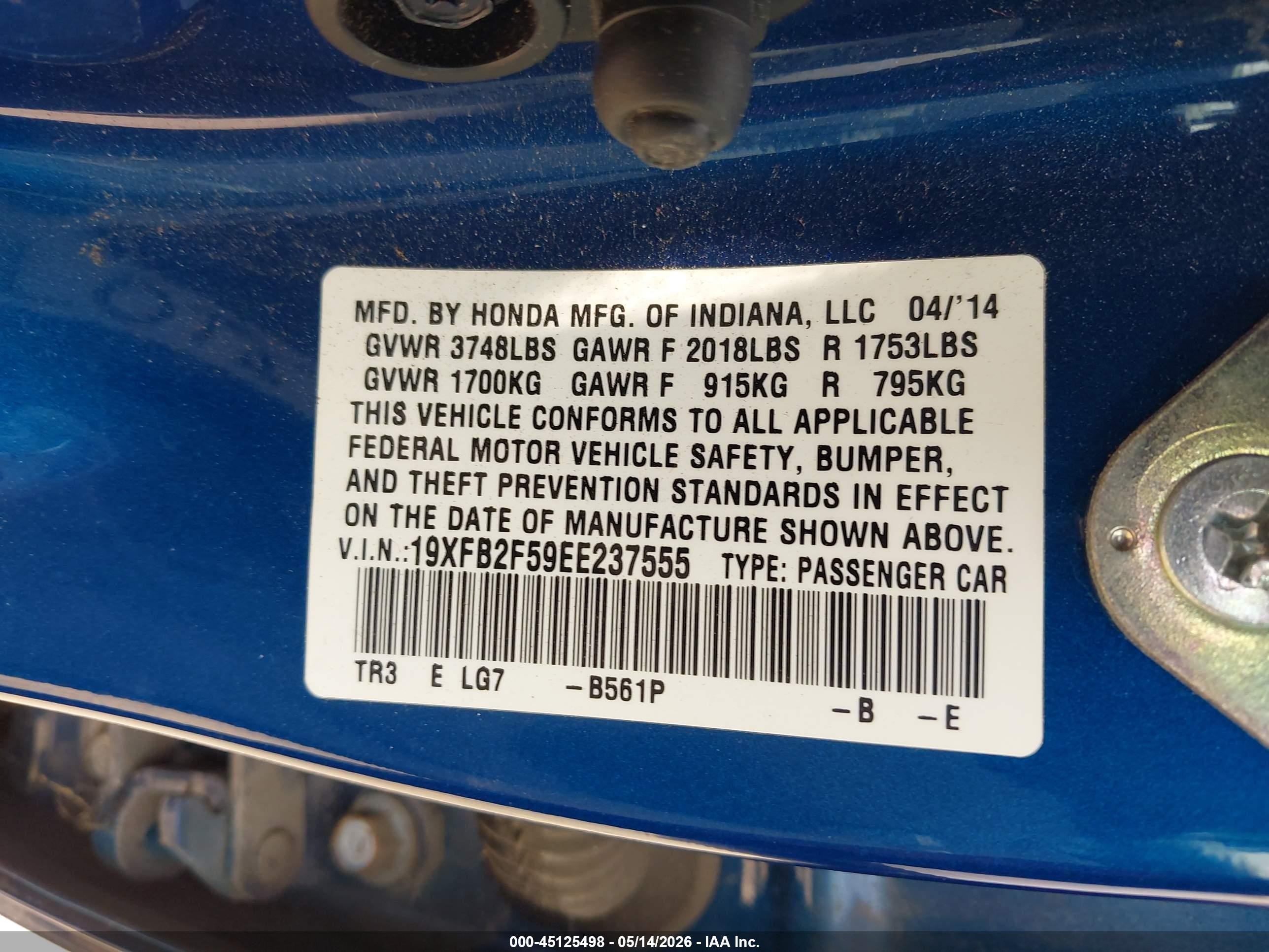 2014 Honda Civic Lx Blue vin: 19XFB2F59EE237555