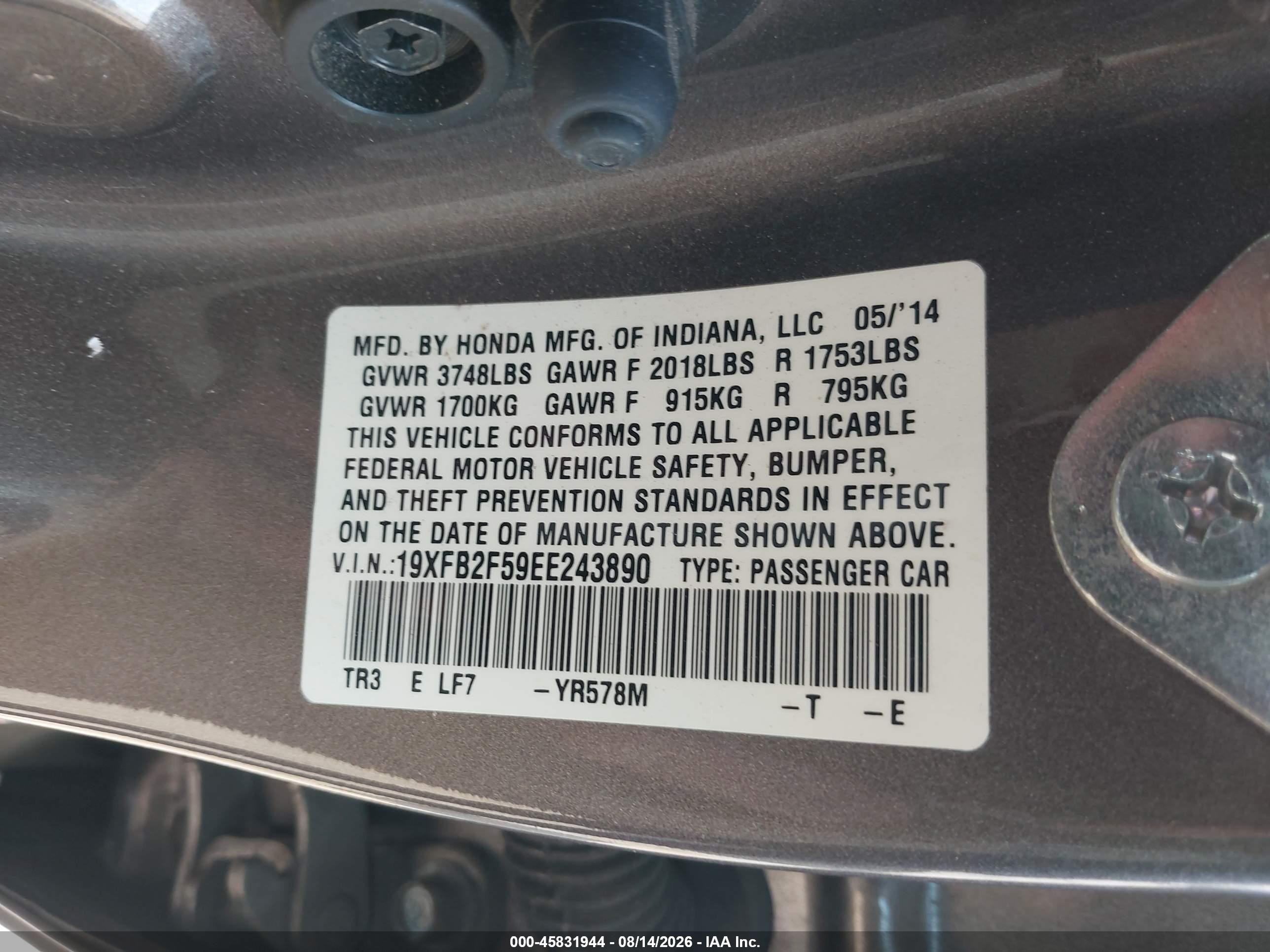 2014 Honda Civic Lx Gray vin: 19XFB2F59EE243890