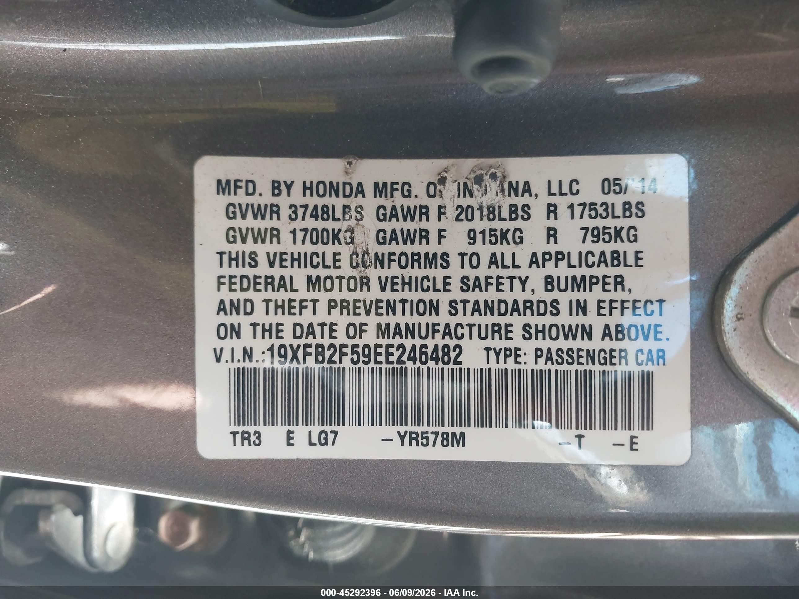 2014 Honda Civic Lx Gray vin: 19XFB2F59EE246482