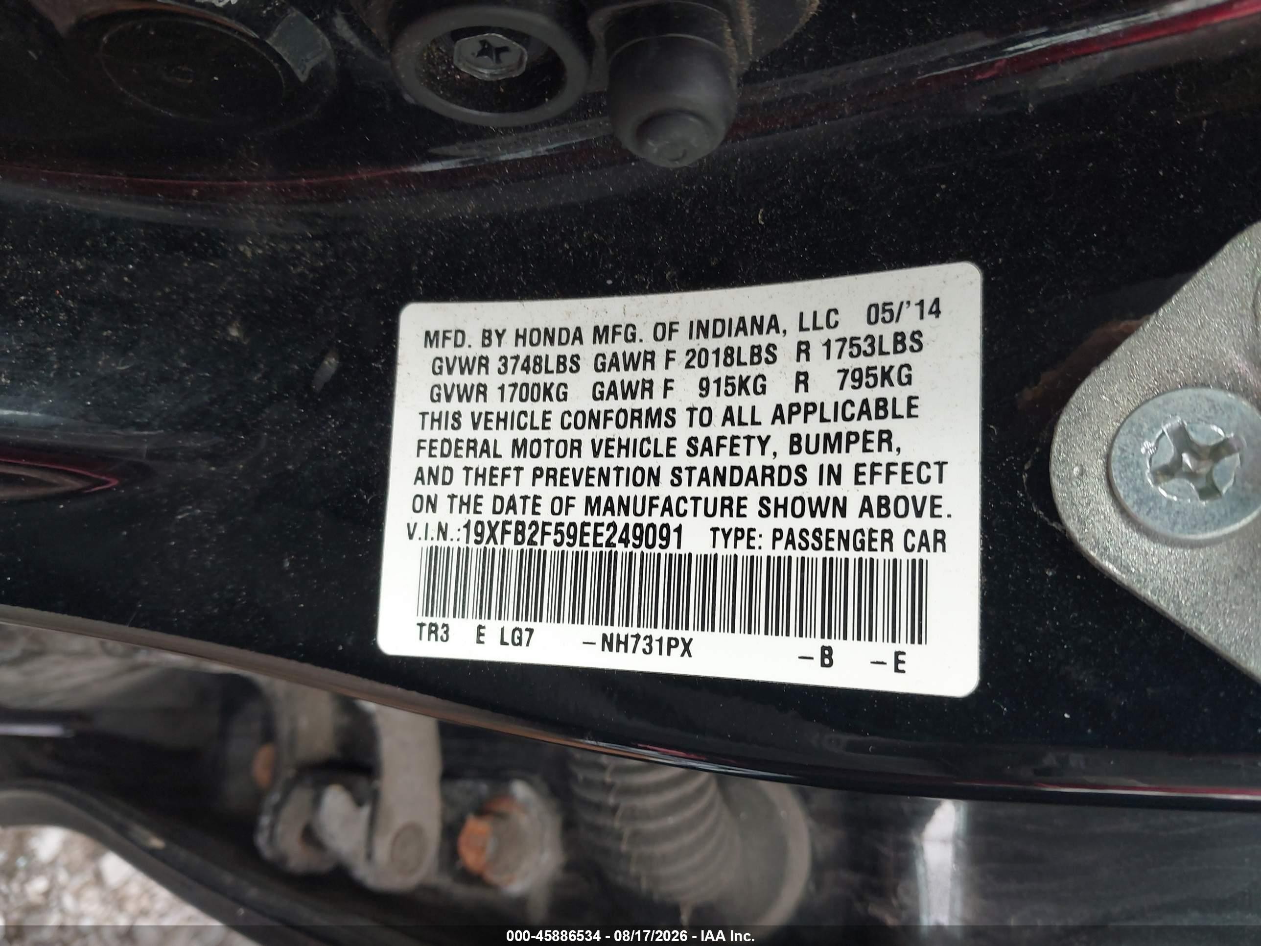 2014 Honda Civic Lx Black vin: 19XFB2F59EE249091