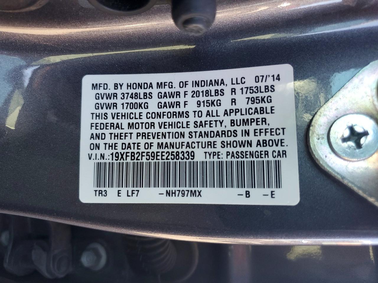 2014 Honda Civic Lx Gray vin: 19XFB2F59EE258339