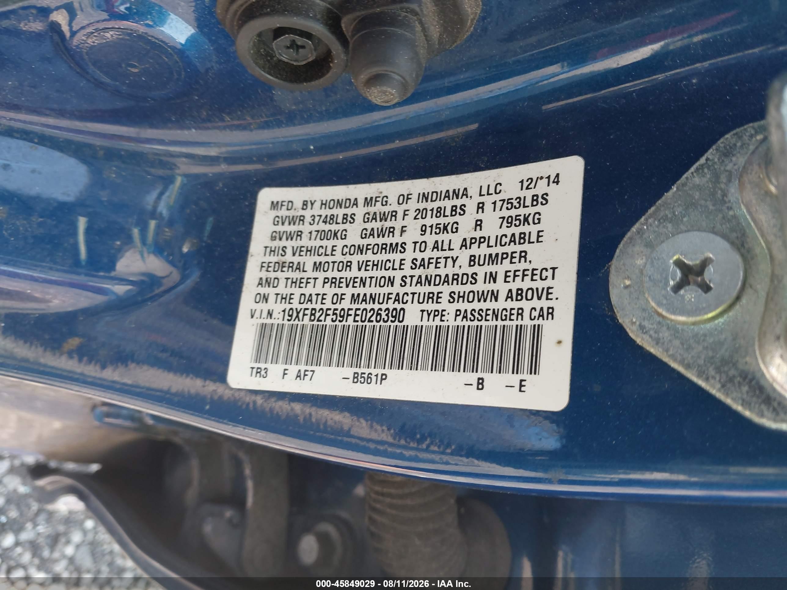 2015 Honda Civic Lx Blue vin: 19XFB2F59FE026390