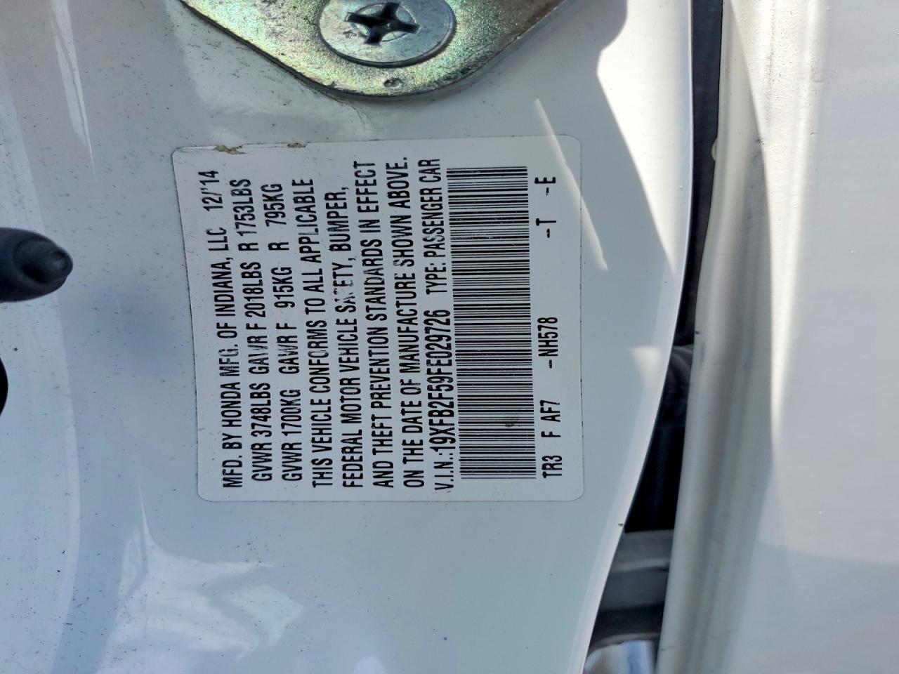 2015 Honda Civic Lx White vin: 19XFB2F59FE029726