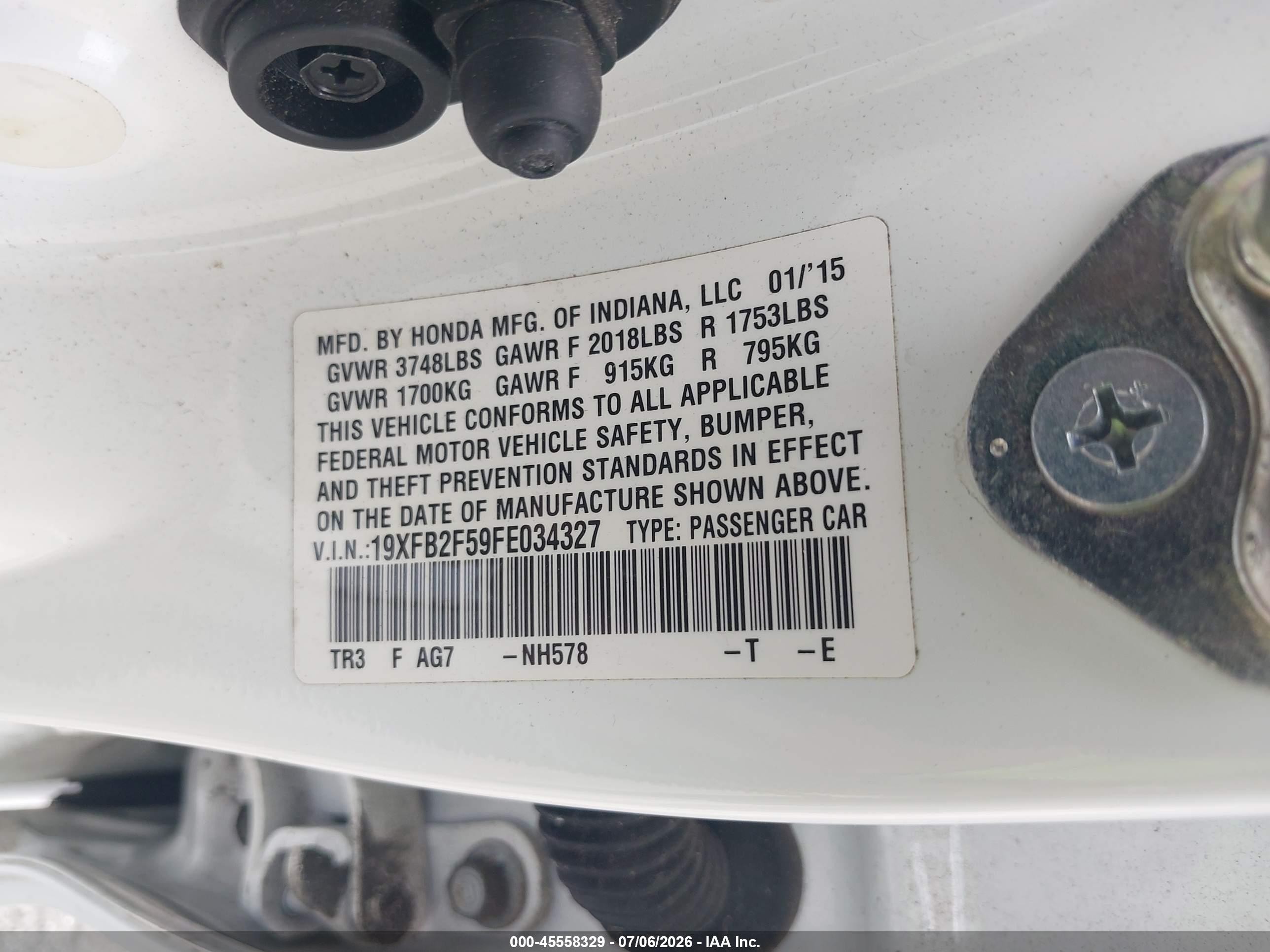 2015 Honda Civic Lx White vin: 19XFB2F59FE034327