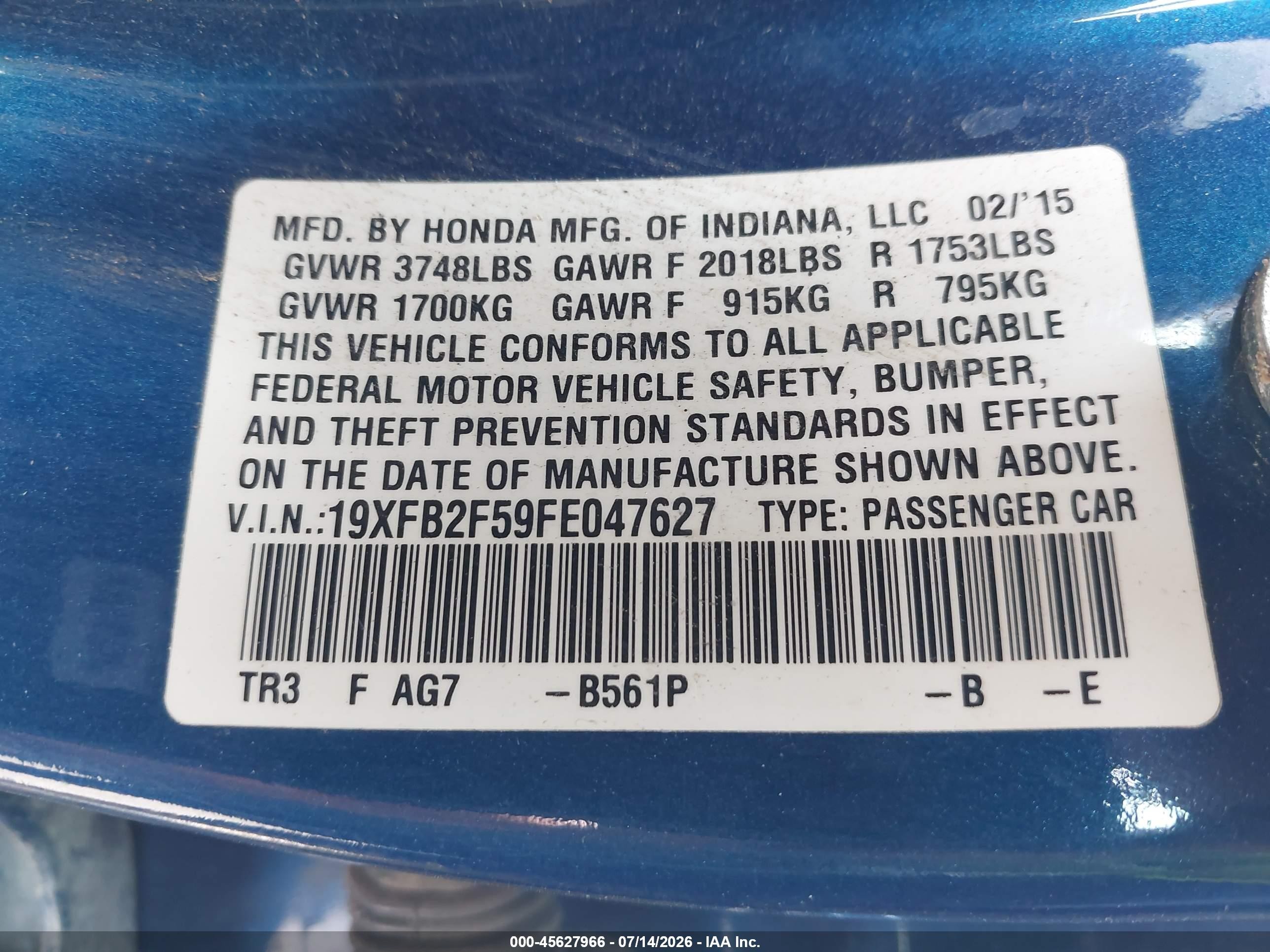 2015 Honda Civic Lx Blue vin: 19XFB2F59FE047627