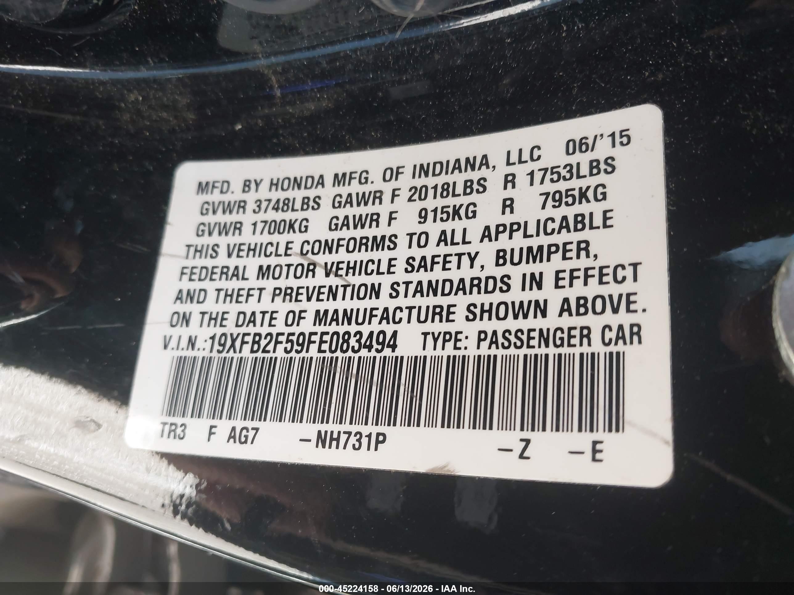 2015 Honda Civic Lx Черный vin: 19XFB2F59FE083494