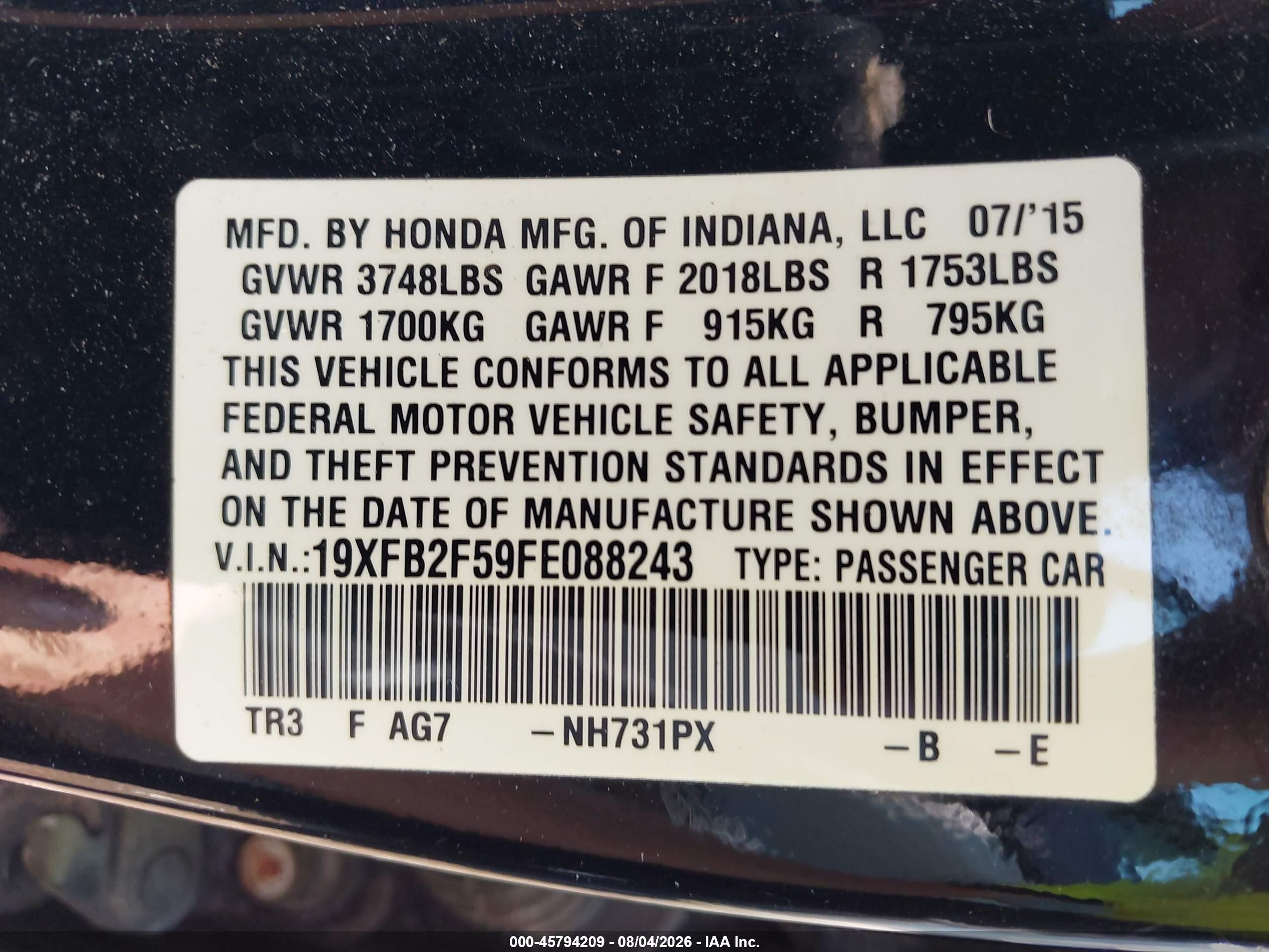 2015 Honda Civic Lx Black vin: 19XFB2F59FE088243