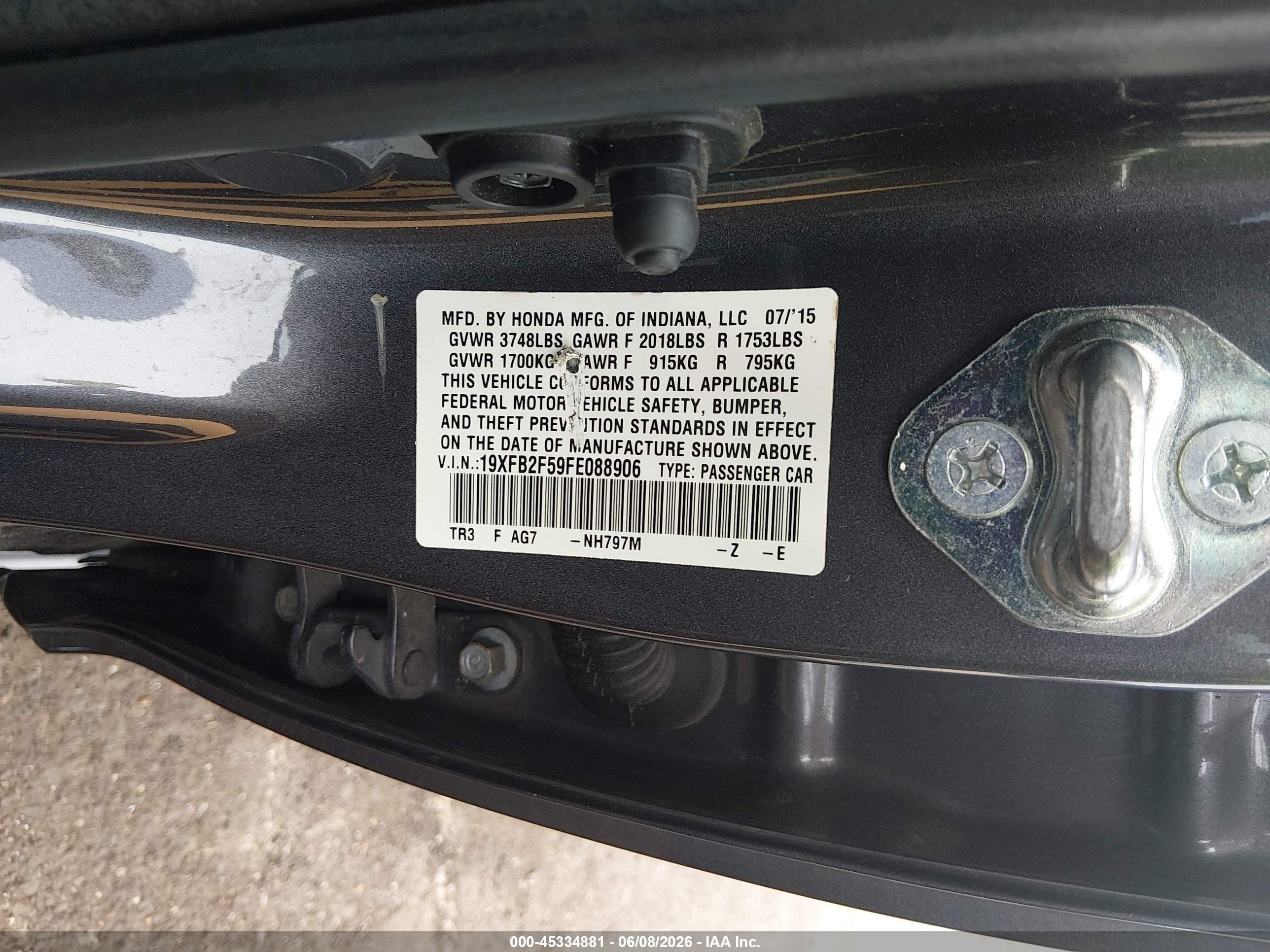 2015 Honda Civic Lx Gray vin: 19XFB2F59FE088906