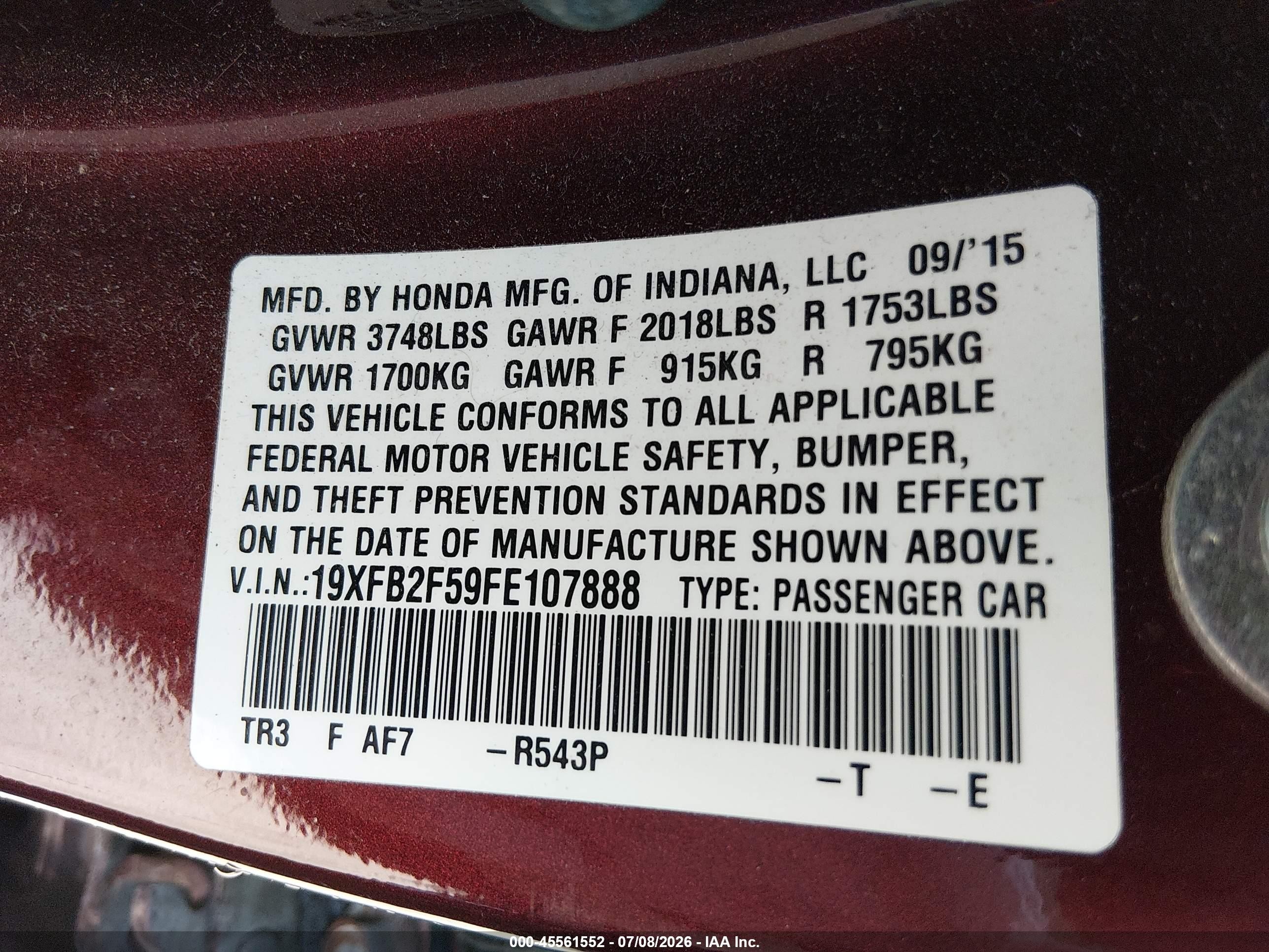 2015 Honda Civic Lx Burgundy vin: 19XFB2F59FE107888