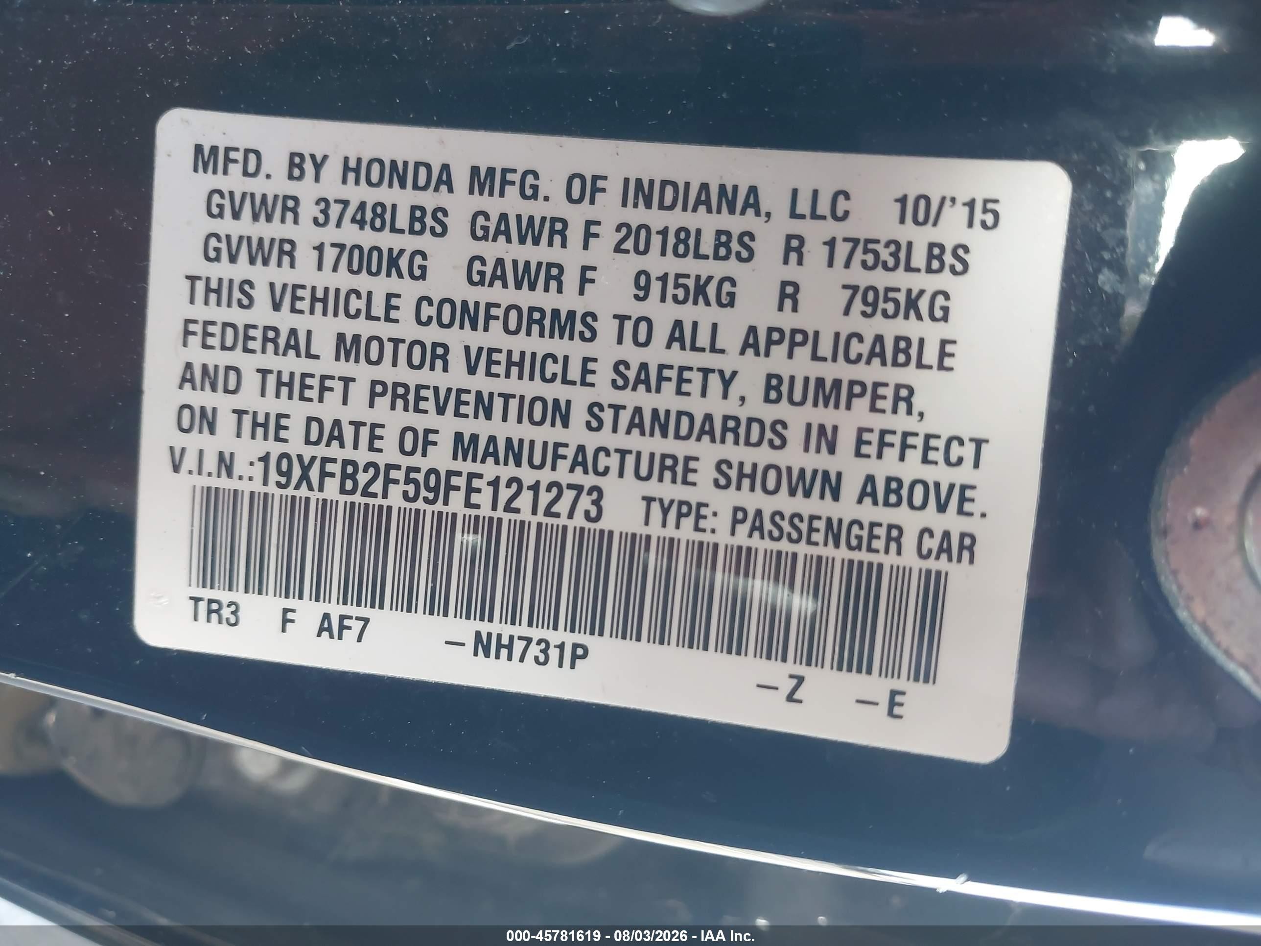 2015 Honda Civic Lx Black vin: 19XFB2F59FE121273