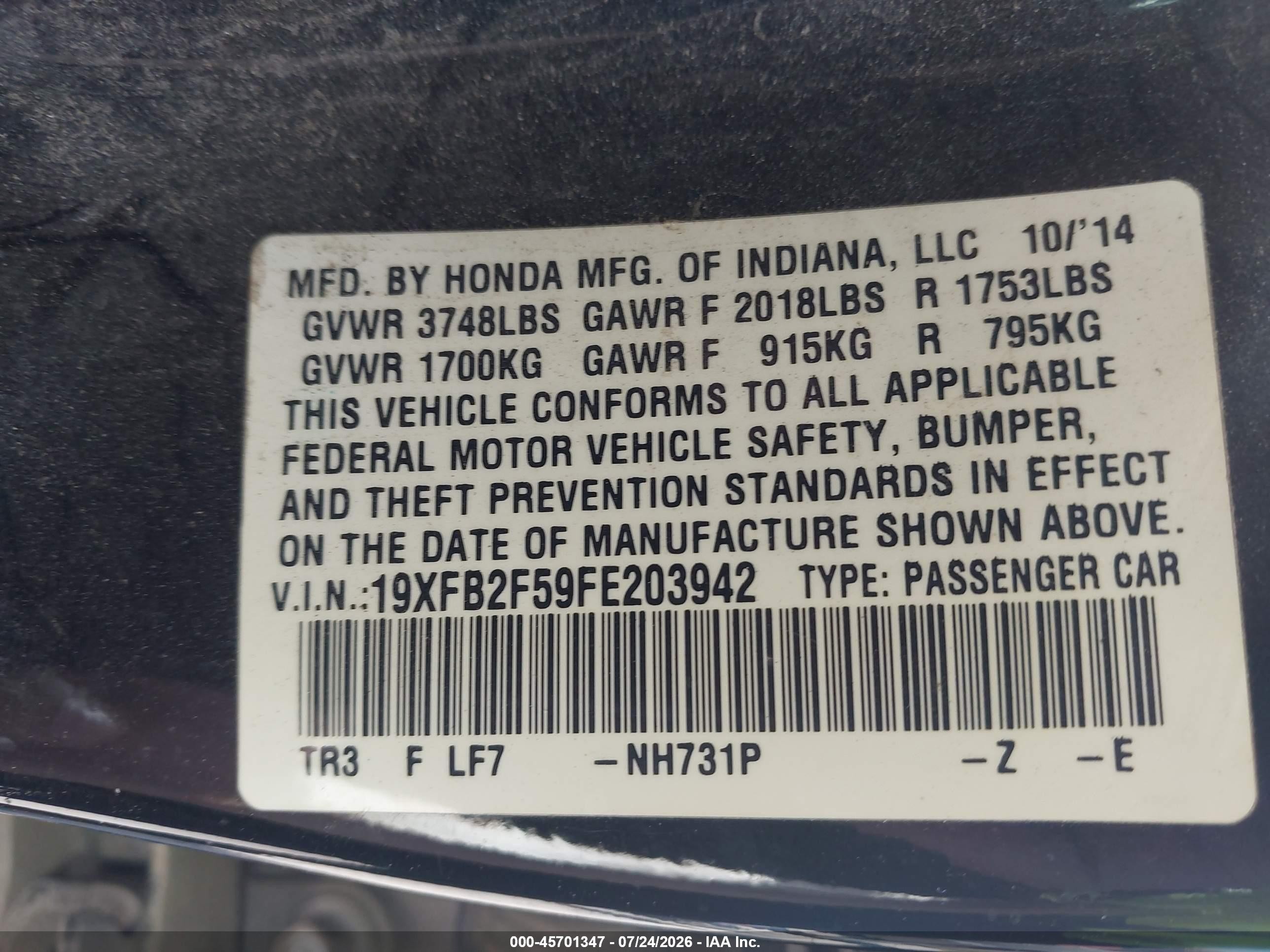 2015 Honda Civic Lx Black vin: 19XFB2F59FE203942