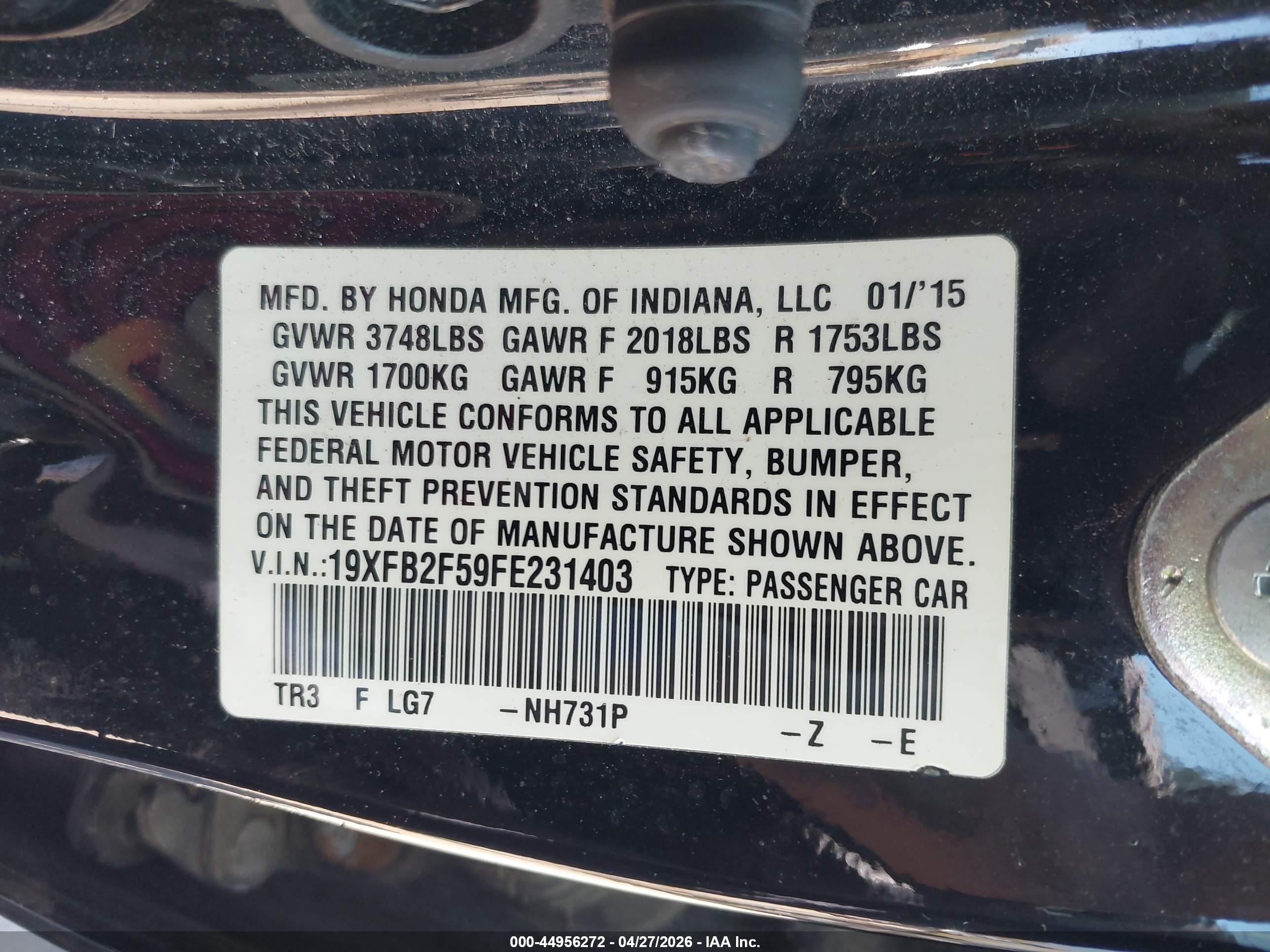 2015 Honda Civic Lx Black vin: 19XFB2F59FE231403