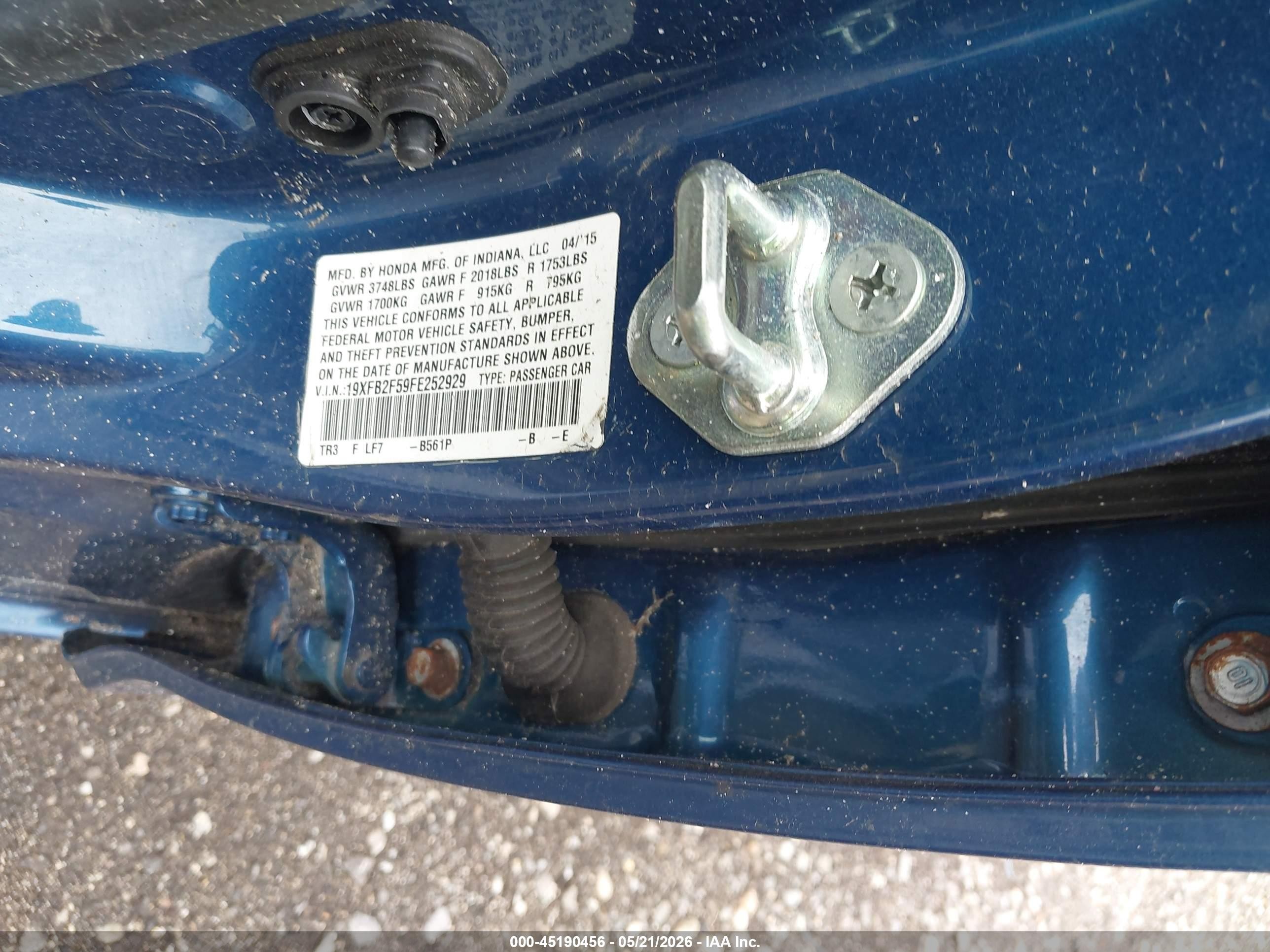 2015 Honda Civic Lx Blue vin: 19XFB2F59FE252929