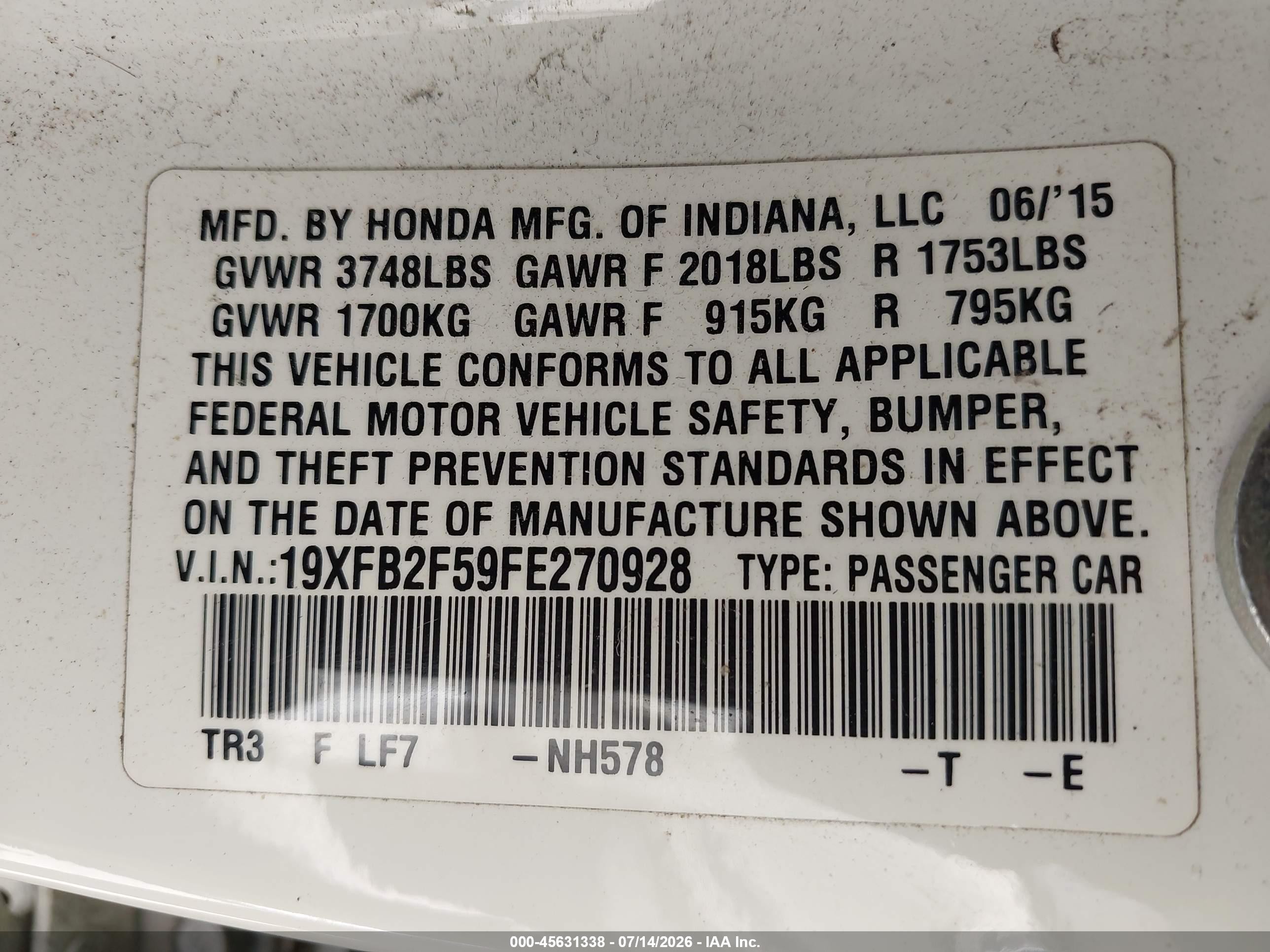 2015 Honda Civic Lx White vin: 19XFB2F59FE270928