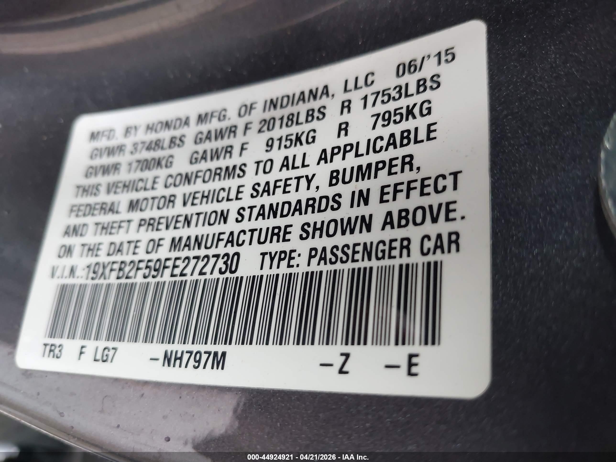 2015 Honda Civic Lx Gray vin: 19XFB2F59FE272730