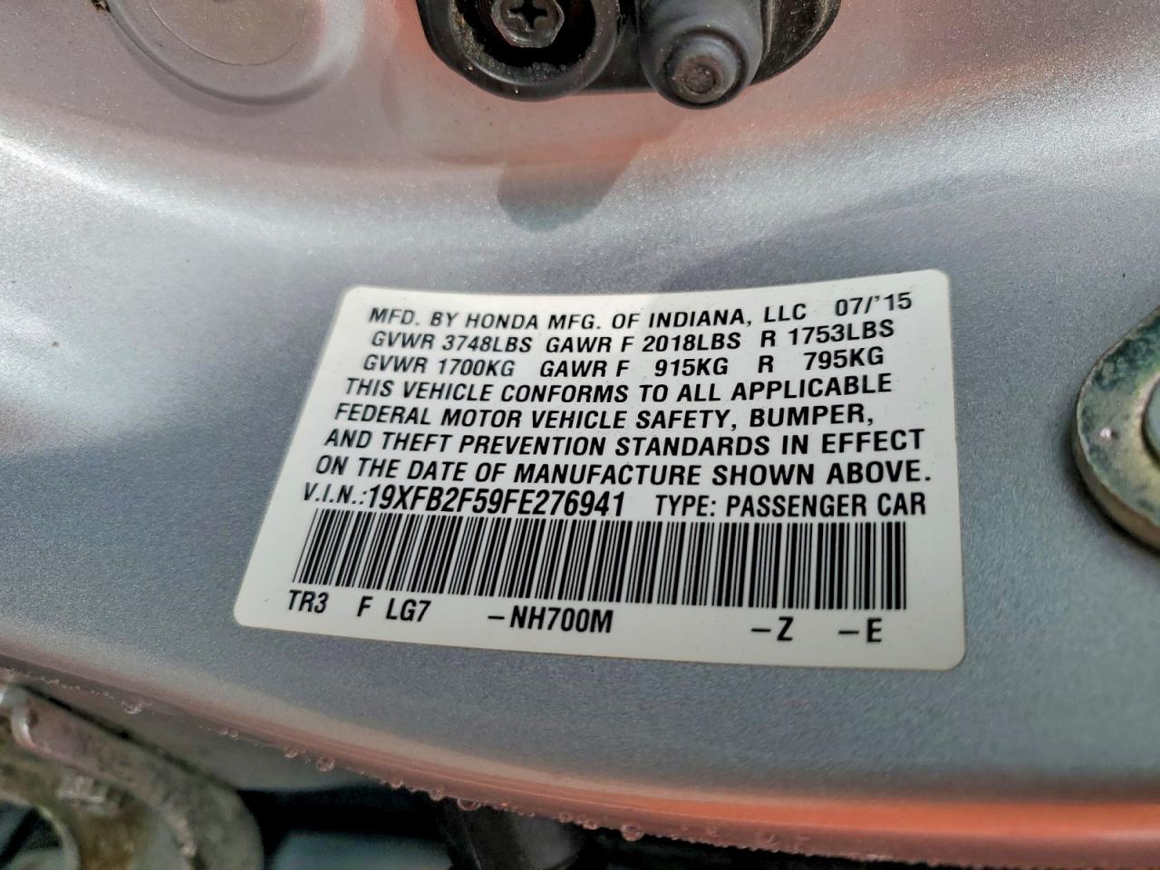 2015 Honda Civic Lx Silver vin: 19XFB2F59FE276941
