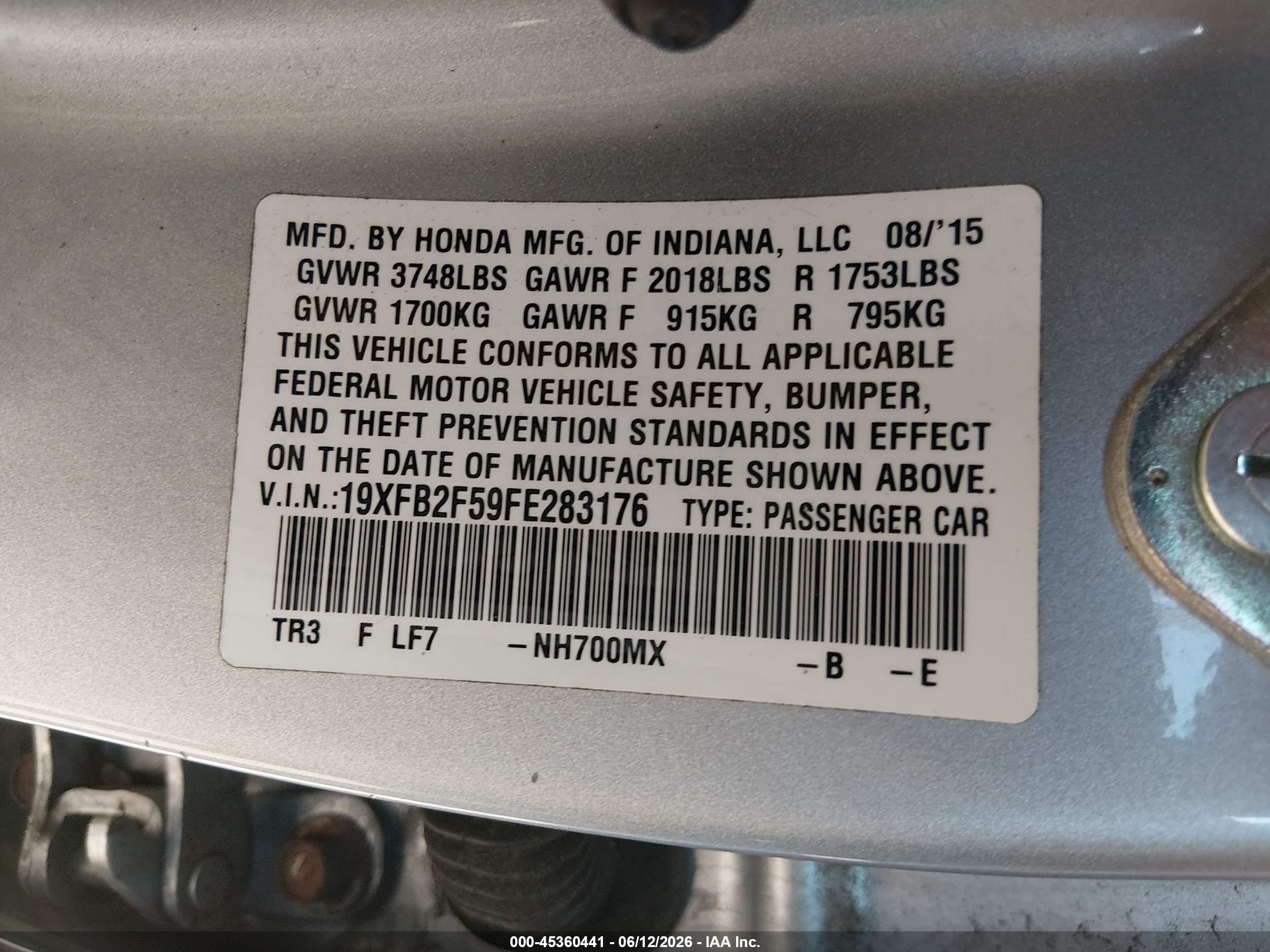2015 Honda Civic Lx Silver vin: 19XFB2F59FE283176