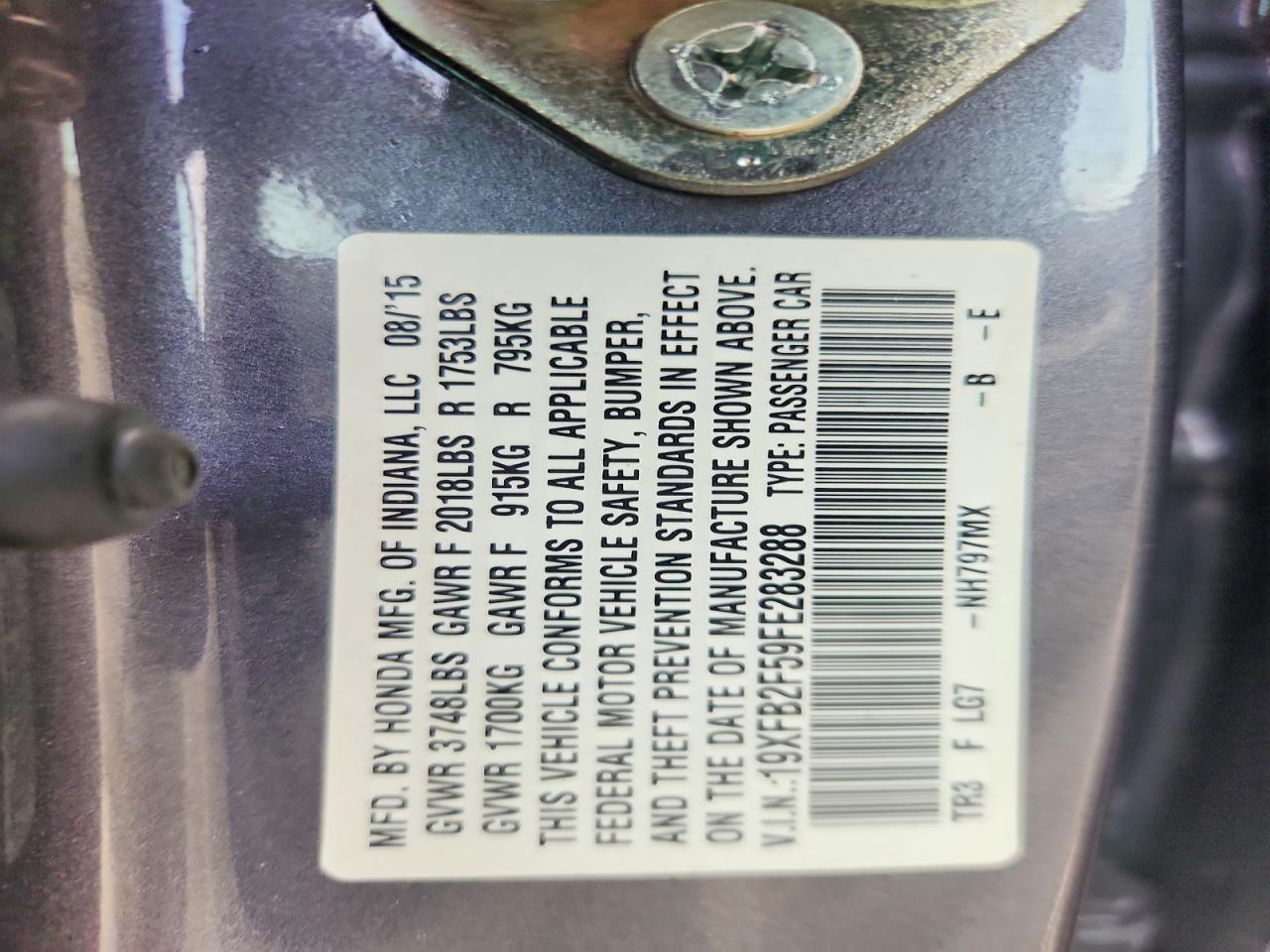 2015 Honda Civic Lx Gray vin: 19XFB2F59FE283288