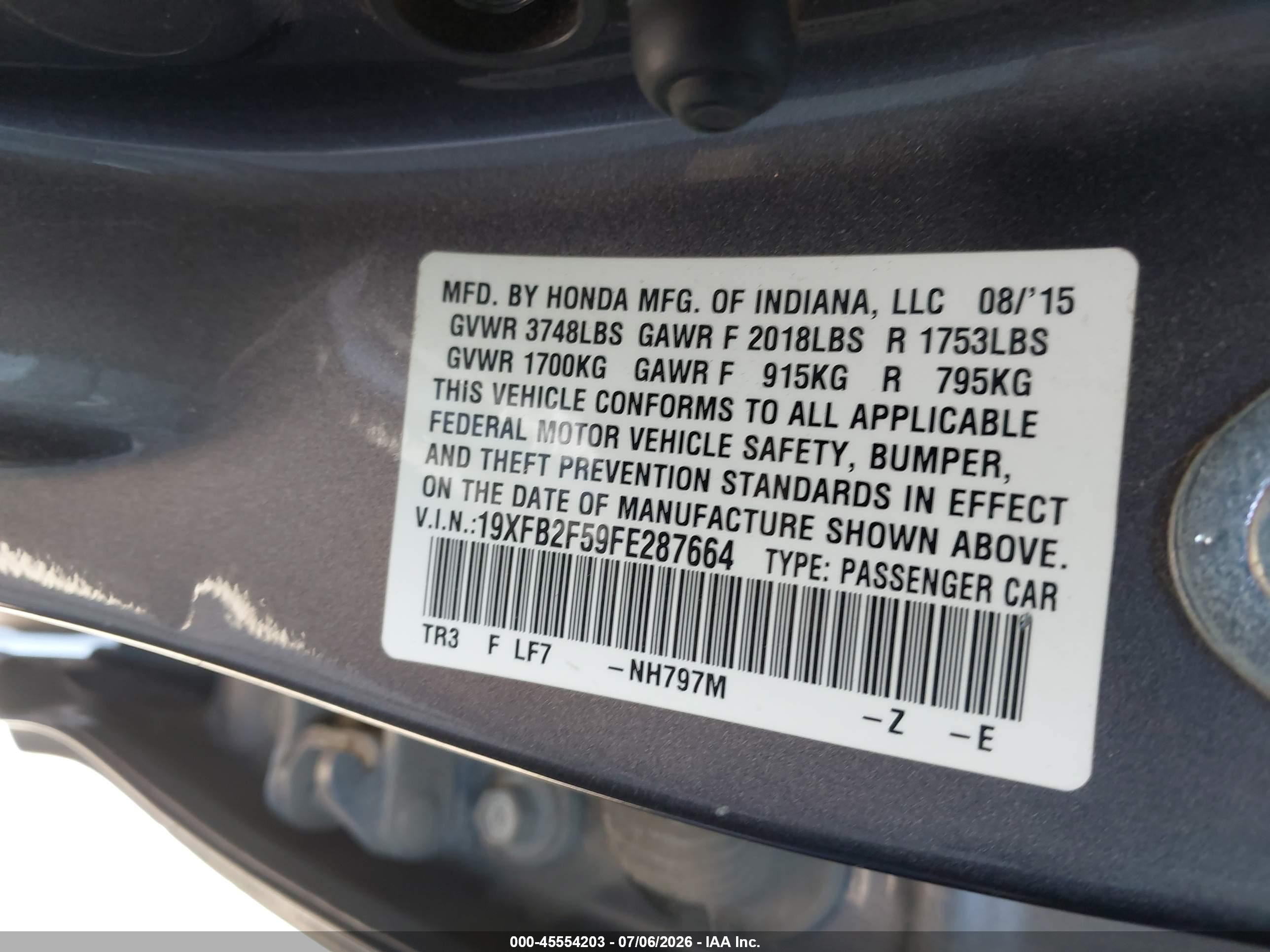 2015 Honda Civic Lx Gray vin: 19XFB2F59FE287664