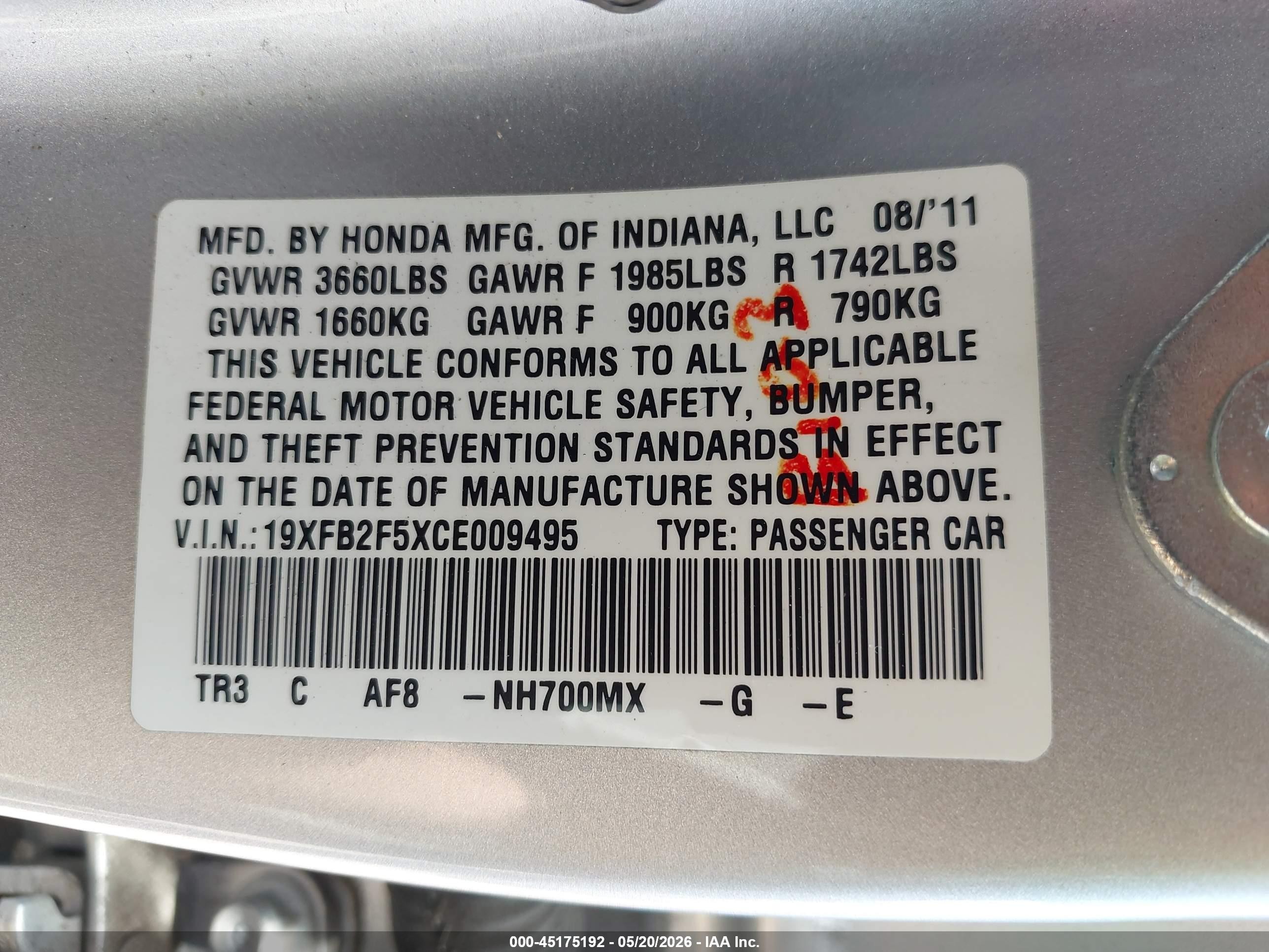 2012 Honda Civic Lx Silver vin: 19XFB2F5XCE009495
