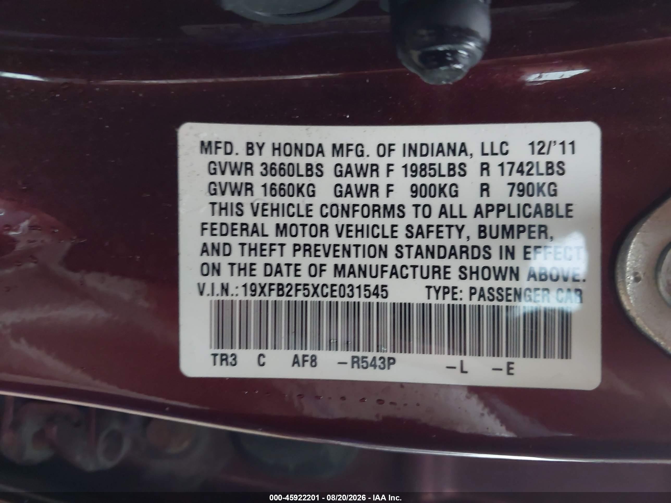 2012 Honda Civic Lx Красный vin: 19XFB2F5XCE031545