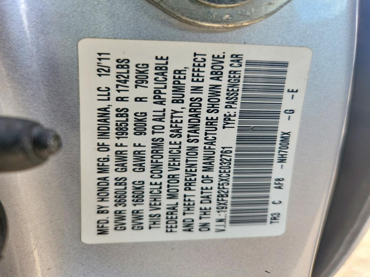 2012 Honda Civic Lx Silver vin: 19XFB2F5XCE032761