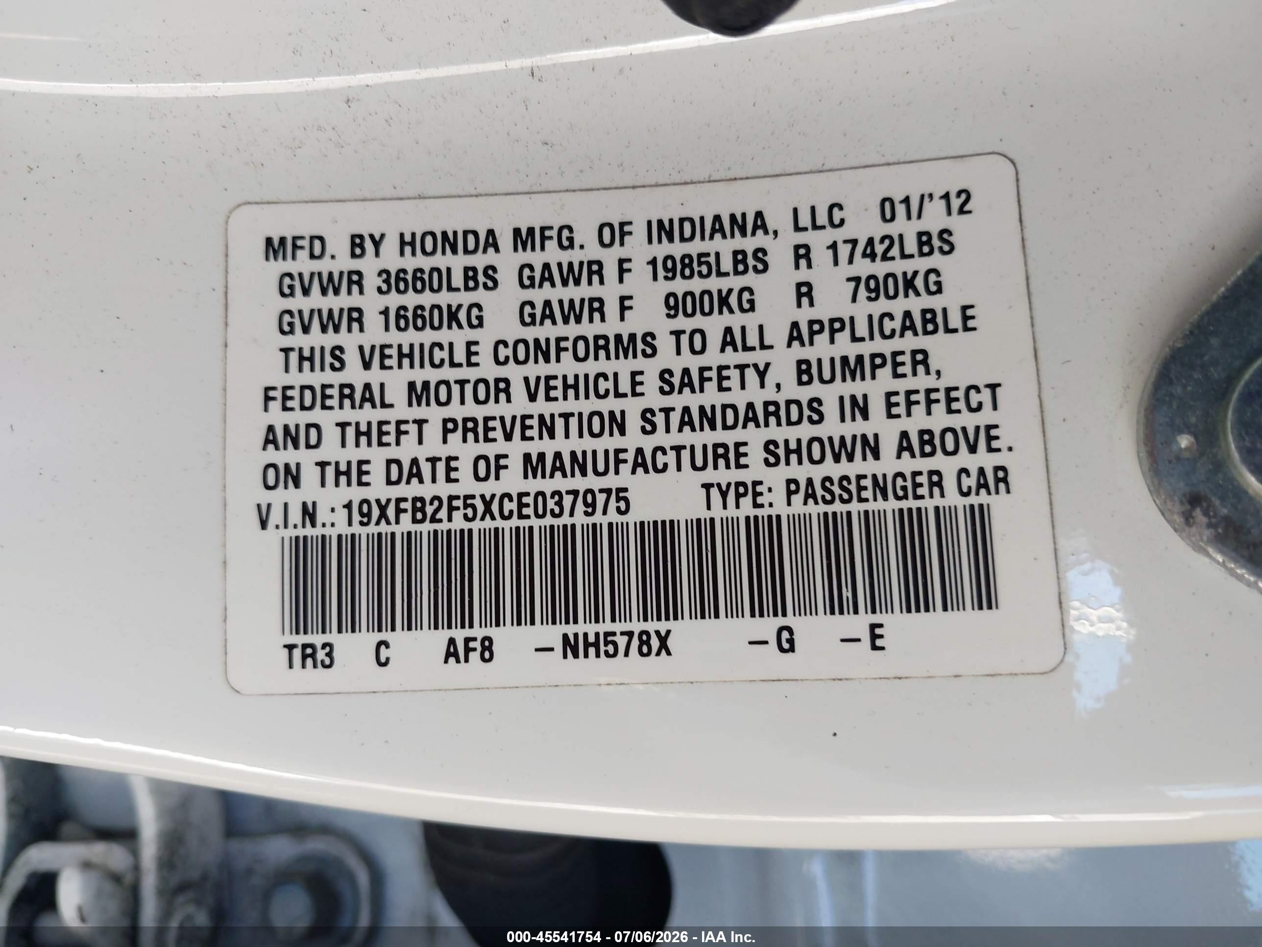 2012 Honda Civic Lx White vin: 19XFB2F5XCE037975