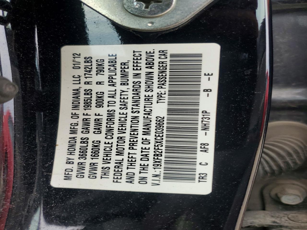 2012 Honda Civic Lx Black vin: 19XFB2F5XCE039662