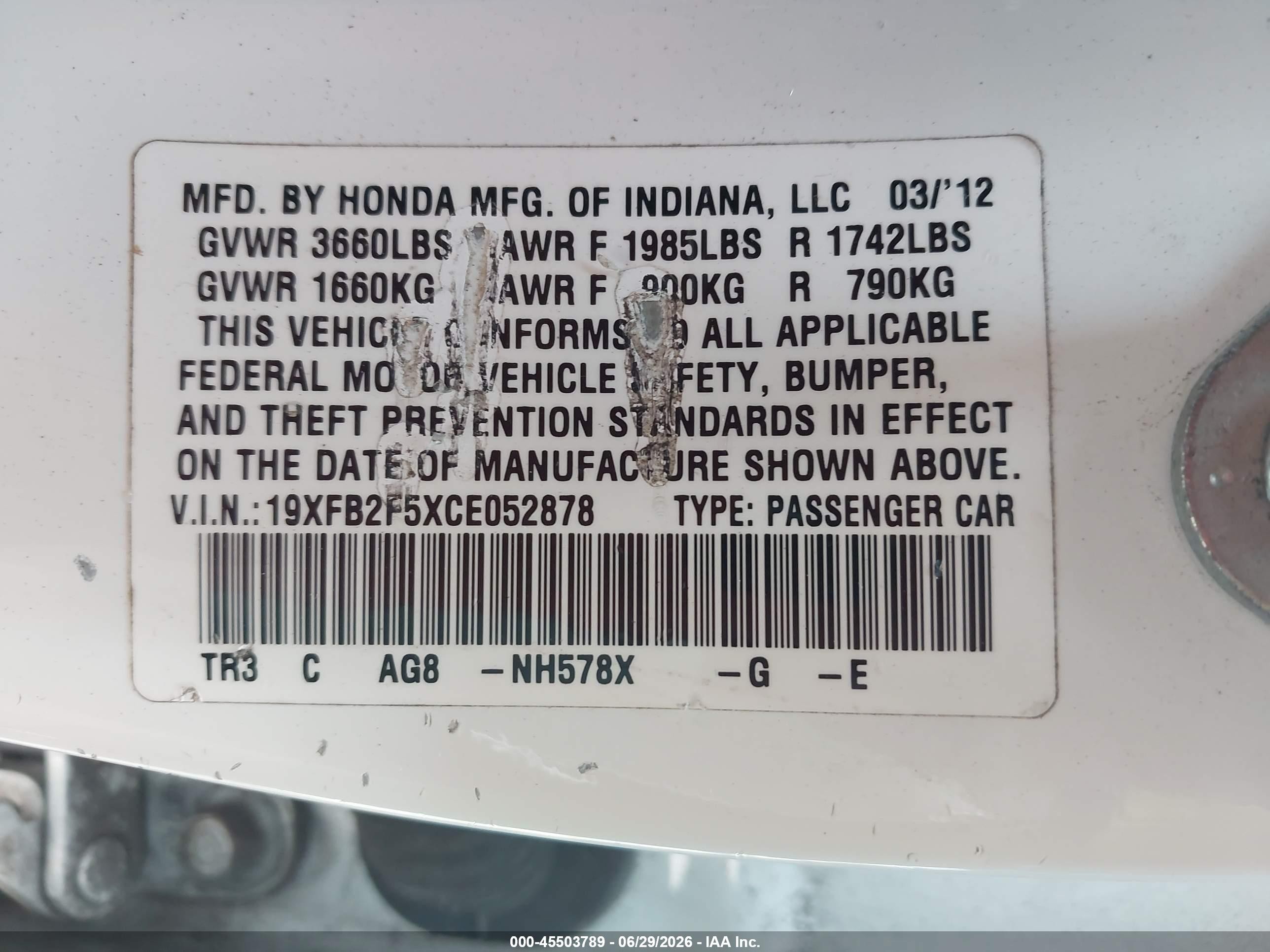 2012 Honda Civic Lx White vin: 19XFB2F5XCE052878