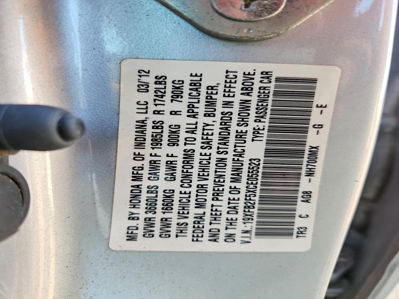 2012 Honda Civic Lx Silver vin: 19XFB2F5XCE055523