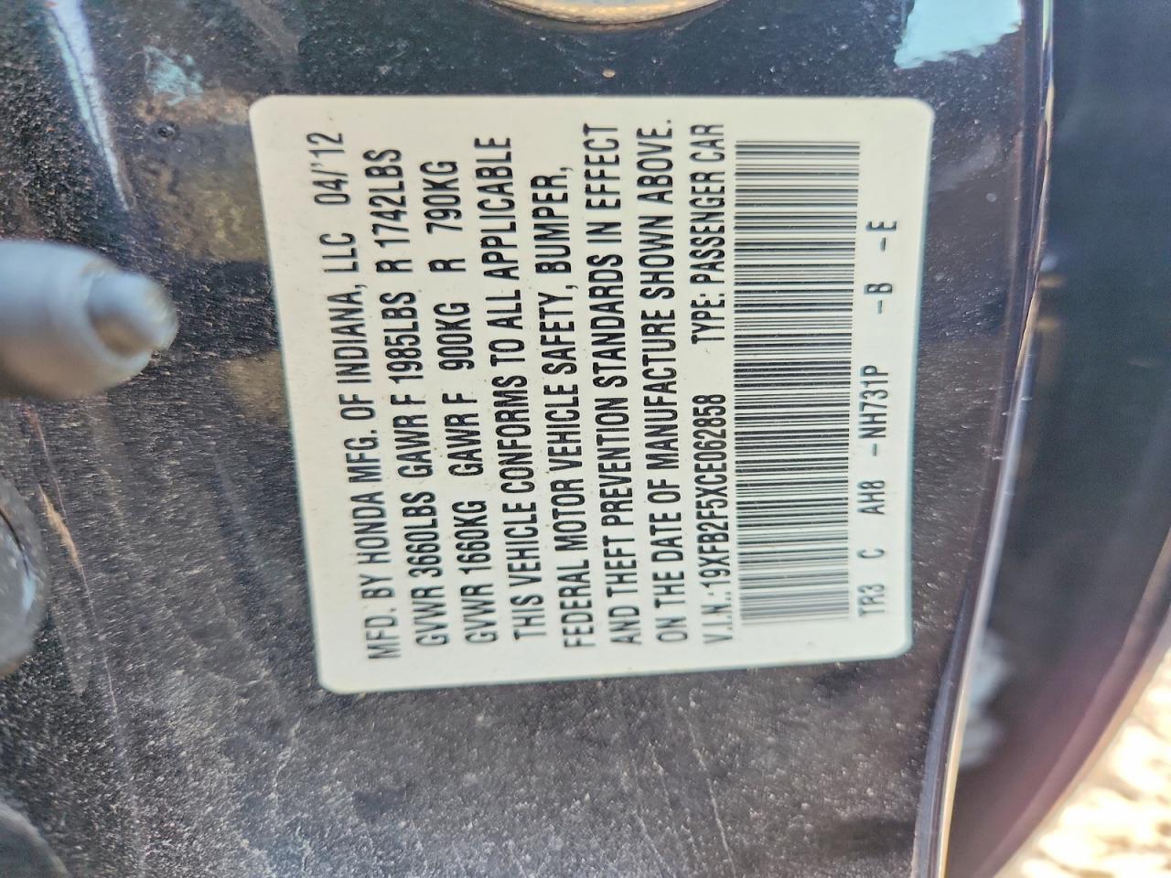 2012 Honda Civic Lx Black vin: 19XFB2F5XCE062858